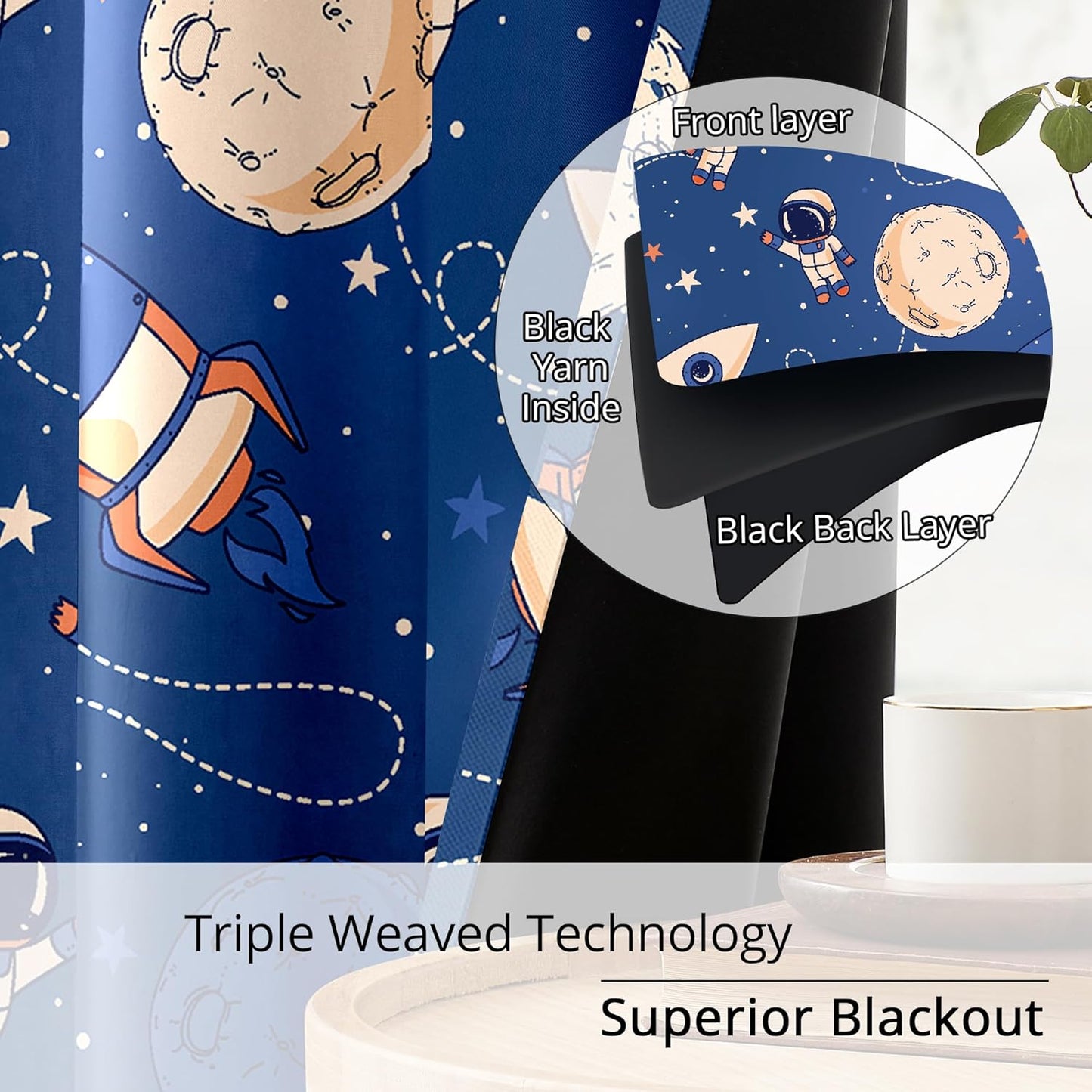 Kids Space Astronaut and Rocket Blackout Curtains - 100% Blackout, Thermal Insulated, Noise Reducing, Perfect for Kids Room and Nursery, 2 Panels (Orbiting Astronauts, W52×L84)