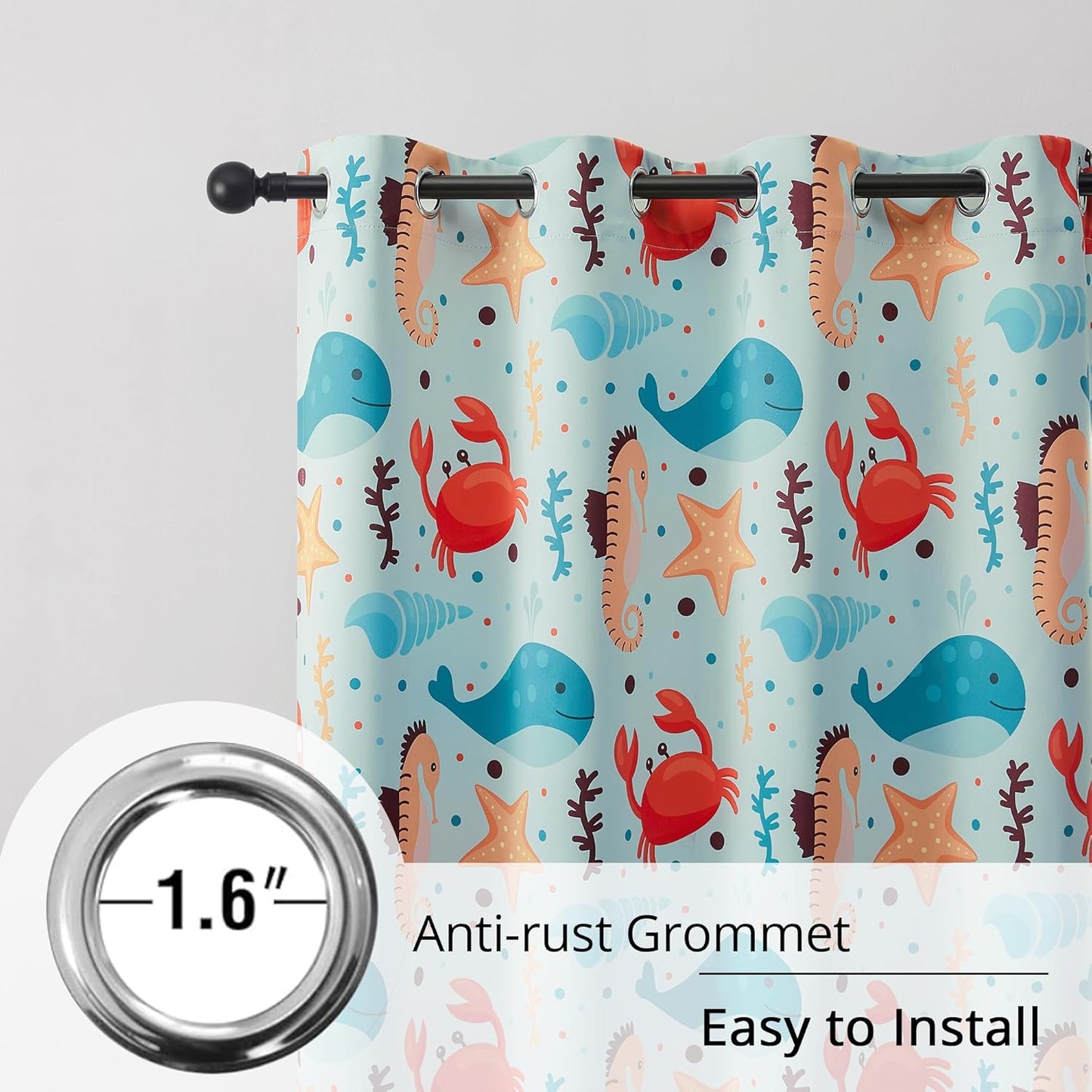 Kids Blackout Curtains - Ocean Whale Design, 100% Blackout, 2 Panels, Each W52×L84, Thermal Insulated for Bedroom, Noise Reducing, Excellent Colorfastness, Dive into an Underwater Adventure