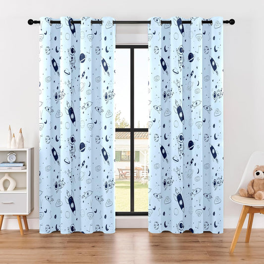 Kids Space Rocket and Astronaut Blackout Curtains - 100% Blackout, Thermal Insulated, Noise Reducing, Perfect for Kids Room and Nursery, 2 Panels (Sky-Blue Space Doodles, W52×L84)