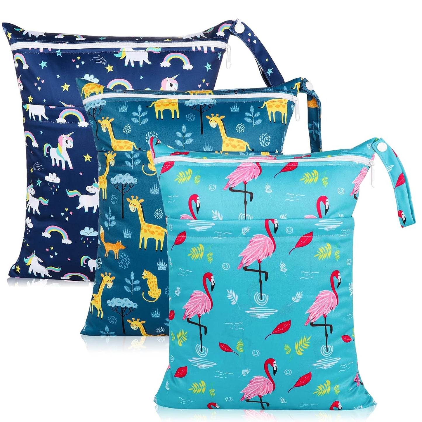 Angel Love Wet Bags for Baby, 3 Pack Wet Dry Bags for Baby Cloth Diaper, Wet Bathing Suit Bag Waterproof with Two Zippered Pockets, Washable Wet Bag for Swimsuit Travel Beach Pool Gym for Wet Clothes