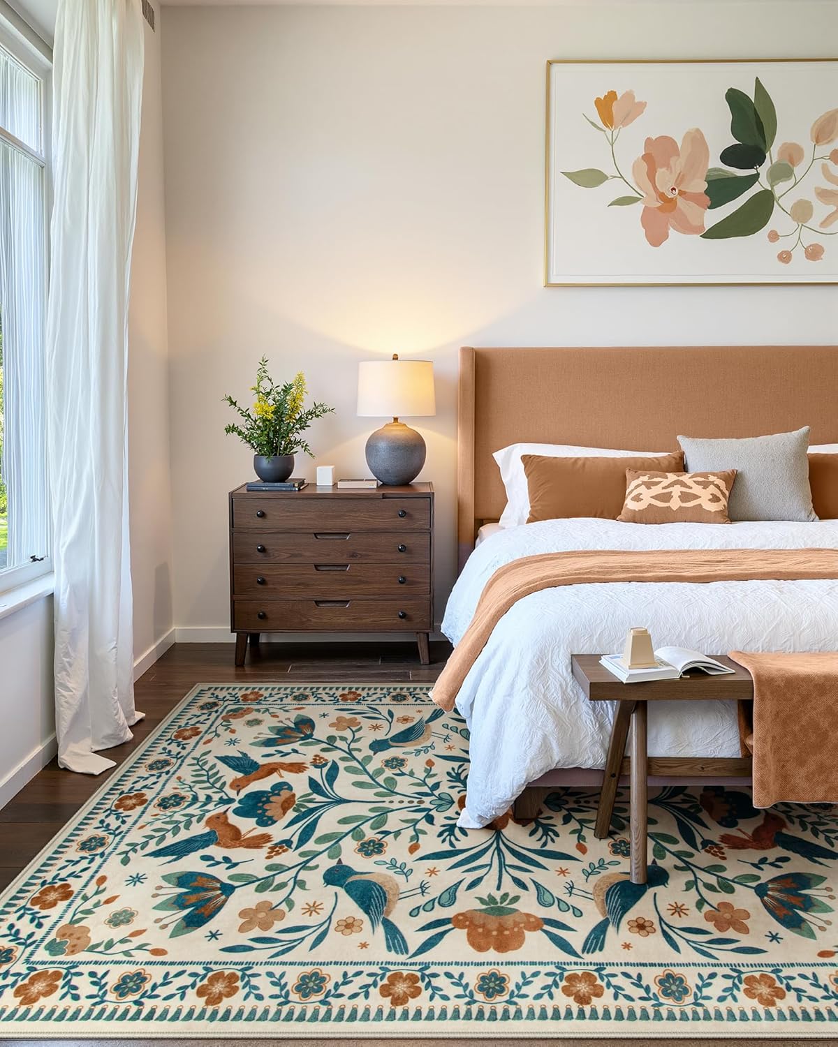 Moynesa Boho Bird 9x12 Area Rug Washable 9x12 Rugs for Living Room, Large Floral Bedroom Carpet Low-Pile Soft Animal Playroom Rug, Jungle Pattern Indoor Carpet for Dining Room Nursery