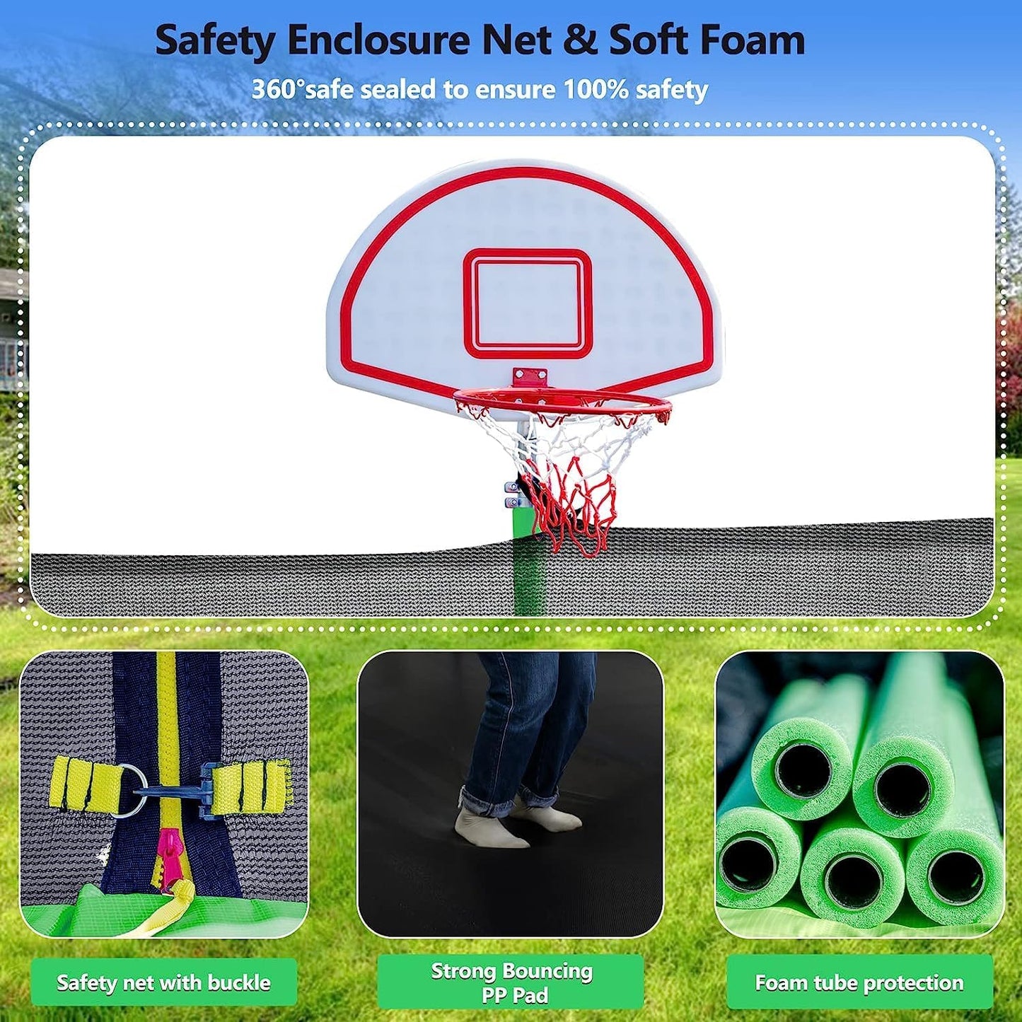 Upgraded 10/12/14/15/16FT Trampoline Outdoor, Large Kids Trampoline with Light, Stakes, Sprinkler, Backyard Trampoline with Basketball Hoop and Net, Capacity for 4-6 Kids and Adults