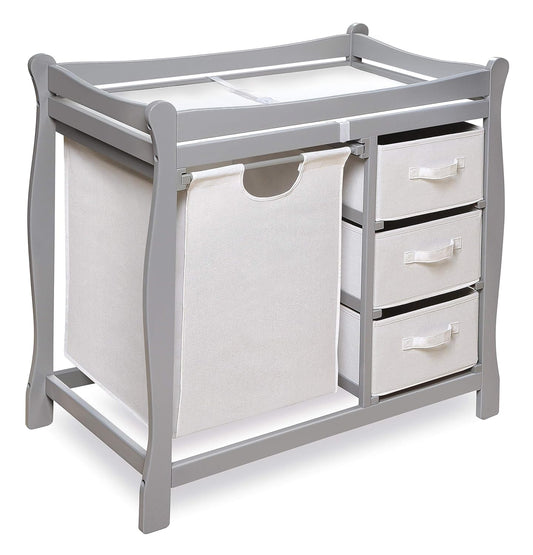 Badger Basket Sleigh-Style Baby Changing Table - Diaper Changing Station with 3 Storage Baskets - Nursery Organizer with Hamper, Changing Pad, Safety Rails - Gray