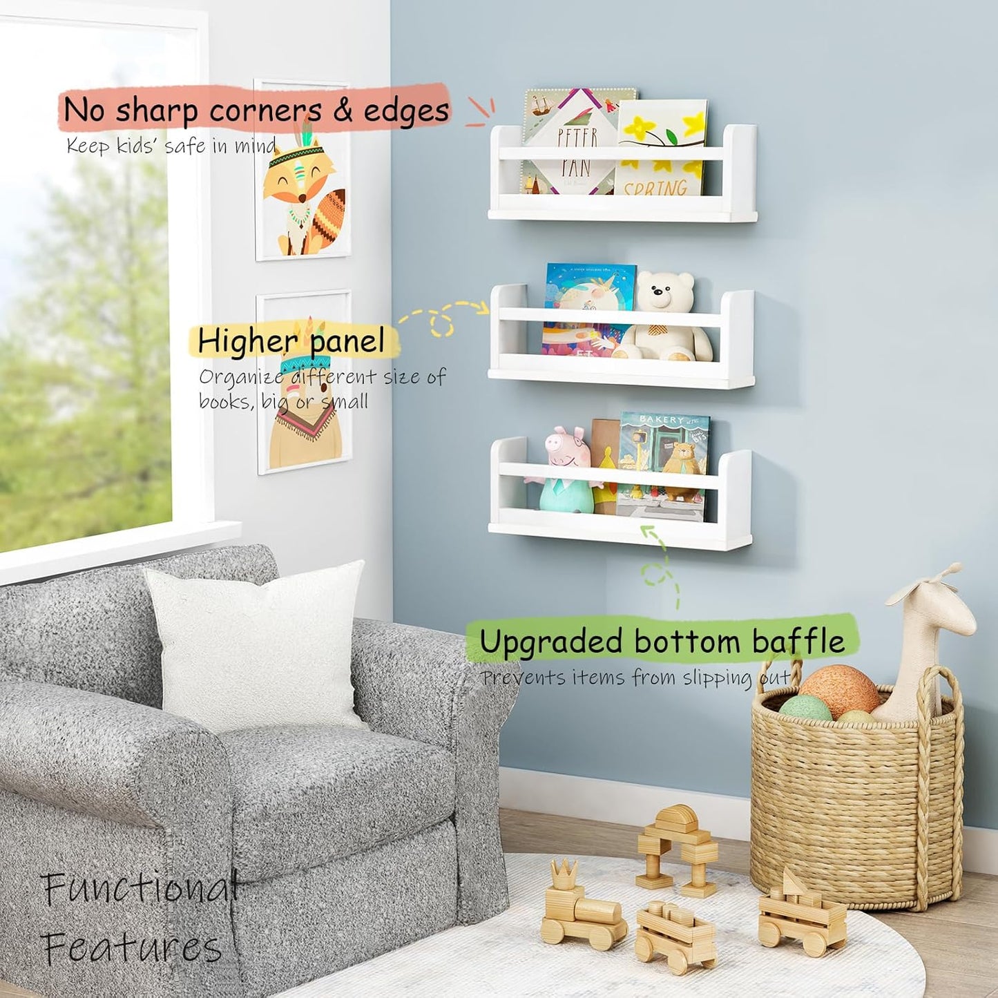 Upgraded White Nursery Book Shelves for Wall, Floating Kids Bookshelf Wall Mounted, Wood Baby Girls Boys Toddler Children Hanging Bookshelves for Kids Room Bedroom Playroom- Set of 3