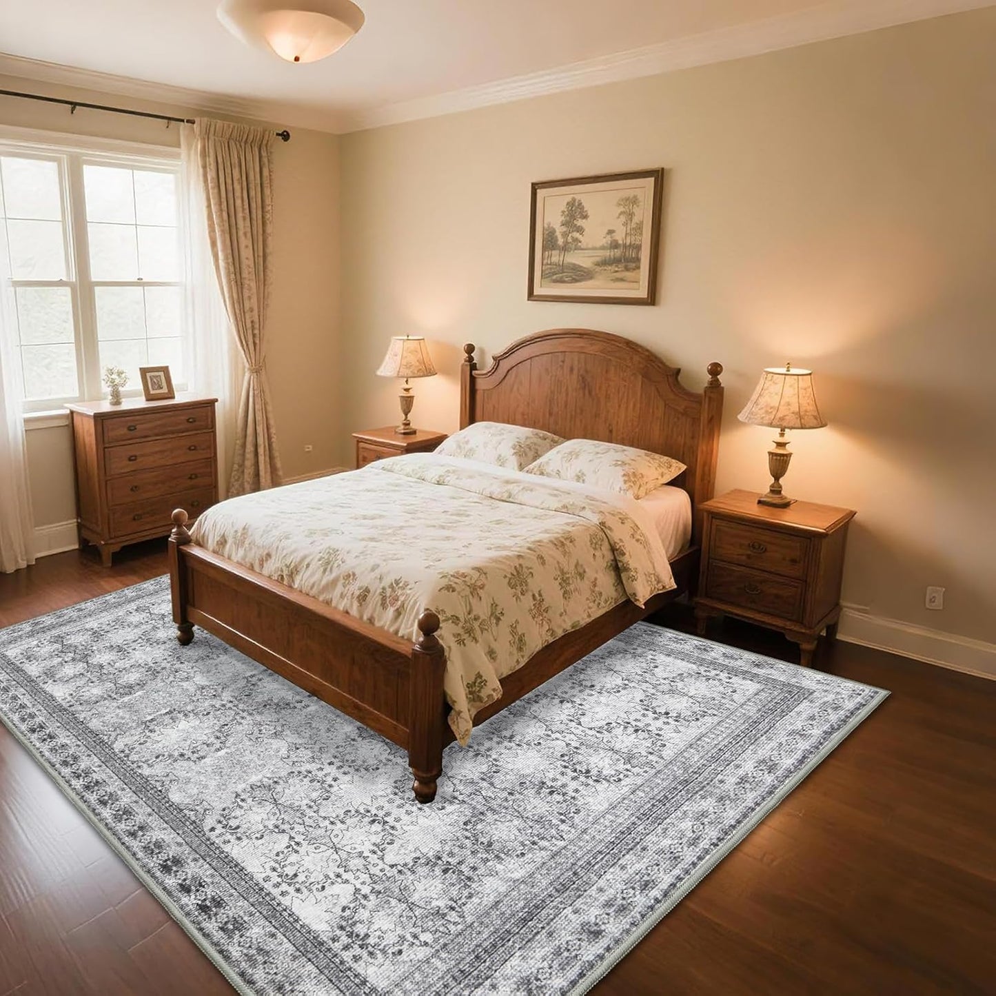 5x7 Washable Area Rug for Living Room Faded Grey, Non Slip Vintage Floral Bedroom Rugs Retro, Traditional Indoor Floor Carpet for Dining Room, Kitchen, Farmhouse, Office Classroom