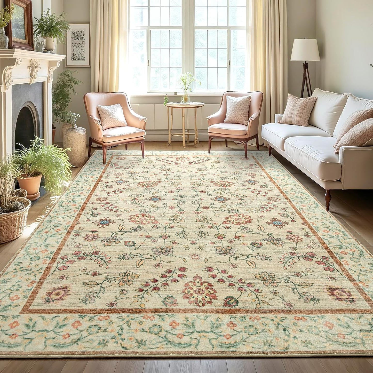 LOCHAS Washable Area Rugs 8x10, Beige Floral Rug for Living Room Bedroom Non Slip, Ultra Soft Vintage Indoor Carpet for Kids, Nursery, Dorm, Dining Room, Classroom, Boho Flower Home Decor, Low-Pile