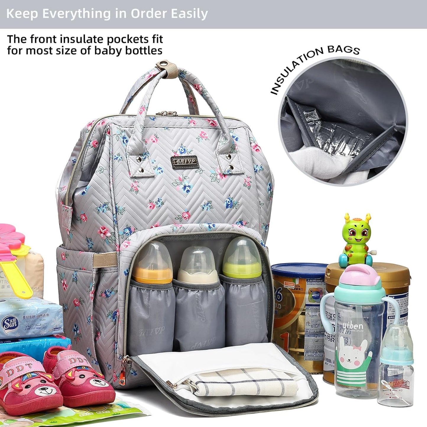 Diaper Bag Backpack for Women, Baby Bags for Girls,Diaper Bag with Changing Pad, and Insulated Pockets-Grey Flowers