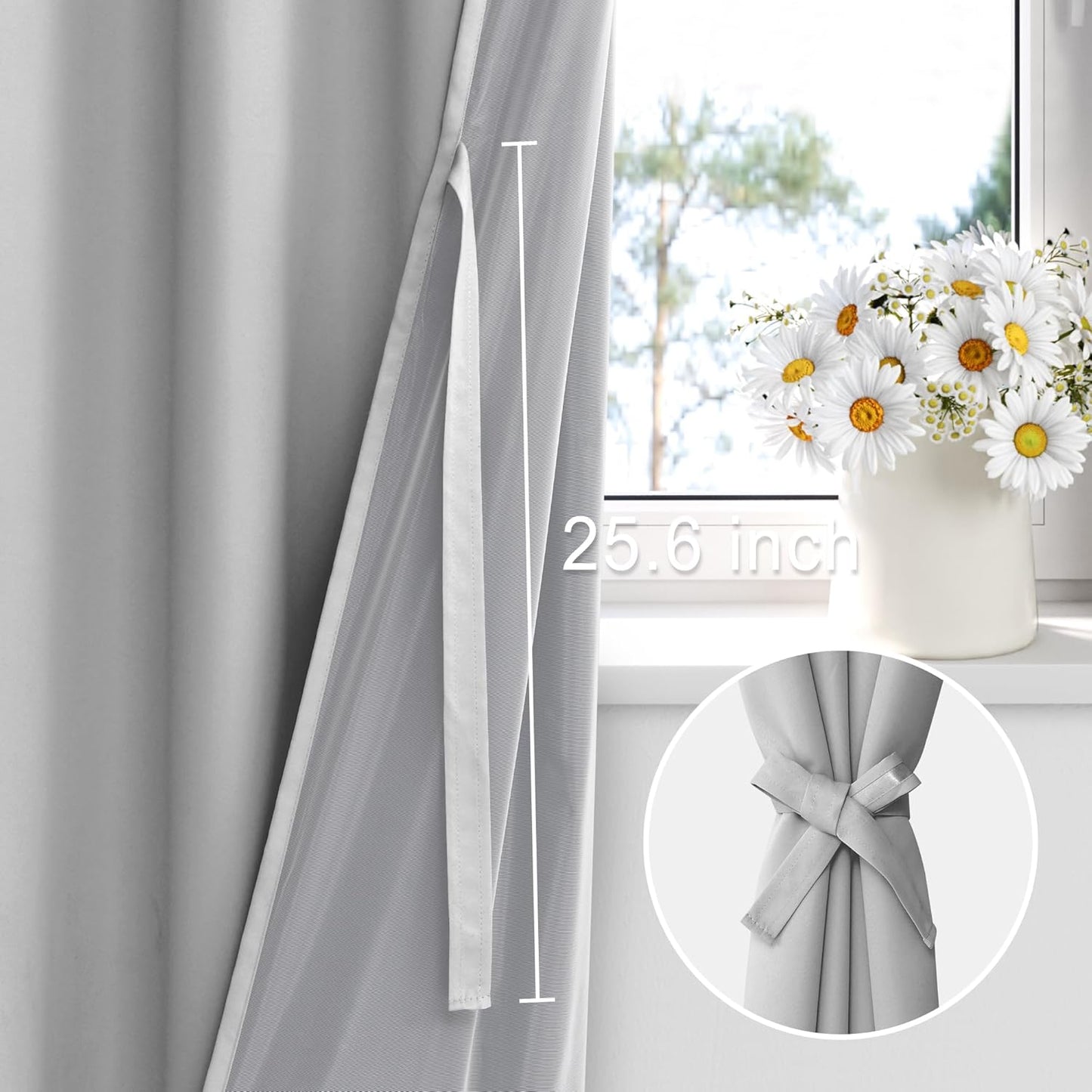 XWZO Full Shading Blackout Curtains 45 Inches Length with Tiebacks- Heat and Light Blocking Rod Pocket Window Drapes with Black Liner Backing for Bedroom/Kid's Room, Light Grey, W52 x L45, Set of 2