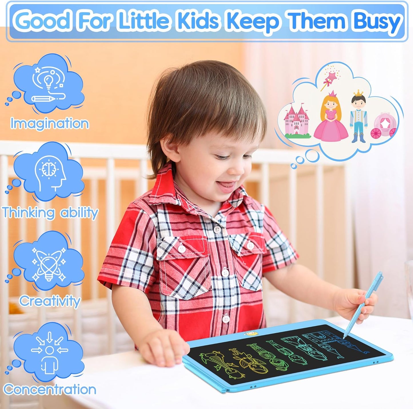 Hockvill LCD Writing Tablet for Kids 12 Inch, Toys for Boys Girls Drawing Pad for 3 4 5 6 7 Year Old Kids Toys, Toddler Erasable Doodle Board Travel Essentials, Children’s Day Gift for Kids - Blue