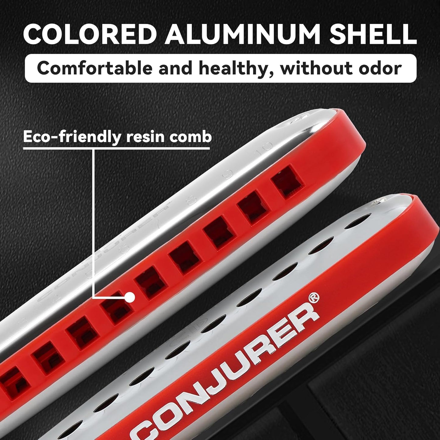 CONJURER Blues Harmonica for Kids Adult Beginners 10 Hole Diatonic Harmonica Key of C, Brass Reed Metal Mouth Organ C Key Blues Harp with Case, Red