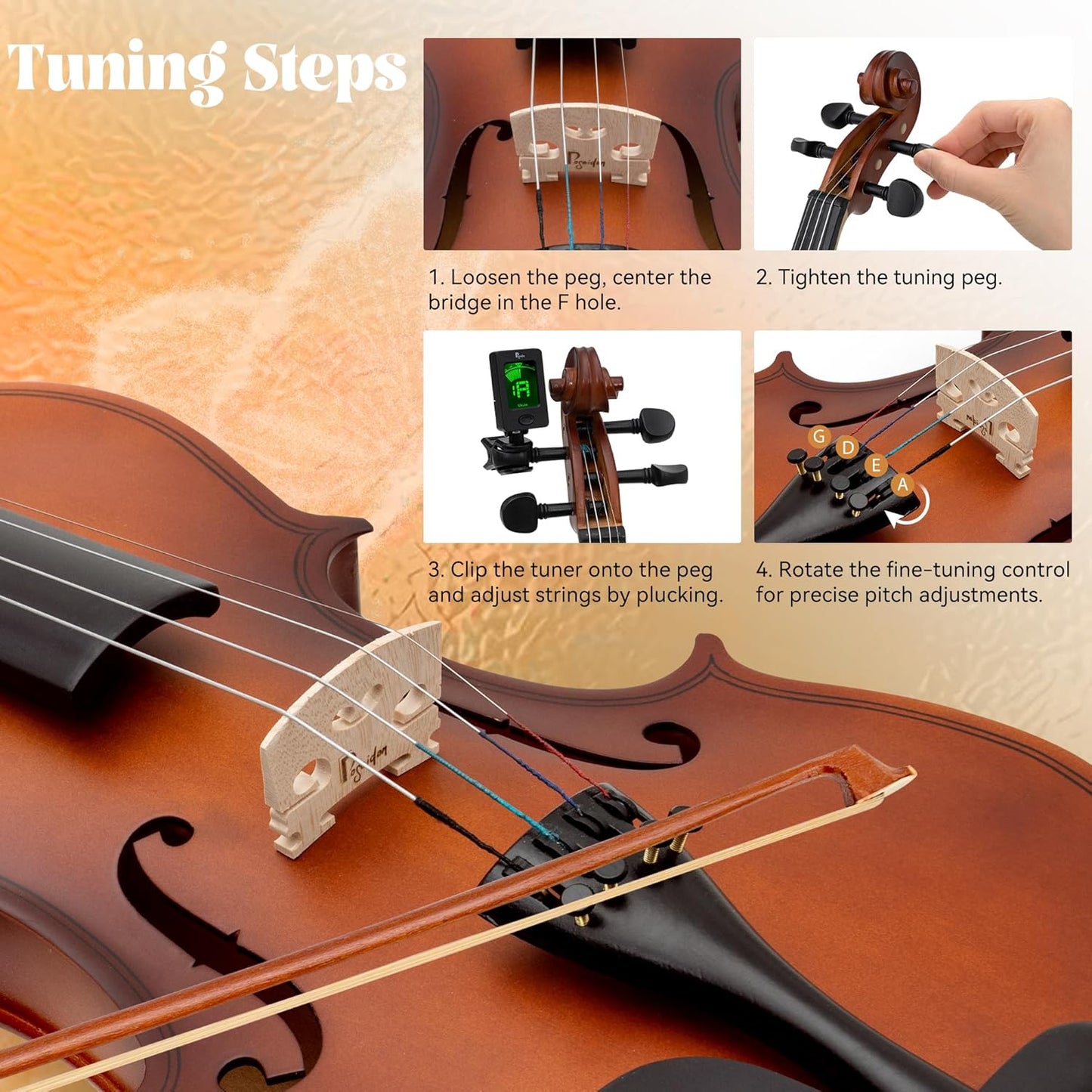Poseidon 3/4 Violin Set for Beginner - Premium Handcraft Violin for Kids Adults with Hard Case, Bow, Rosin, Extra Violin Strings 3/4 Full Set, Shoulder Rest, Clip-on Tuners - Matte Brown