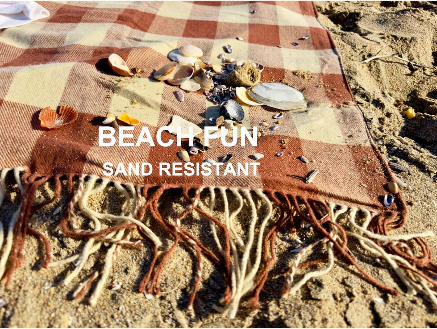 Picnic Blanket Extra Large Waterproof with Strap 59"x79" - Machine Washable Tassels Faux Wool Cashmere for Park, Grass, Camping, Hiking, Concerts (Coffee Plaid, 59"X79")