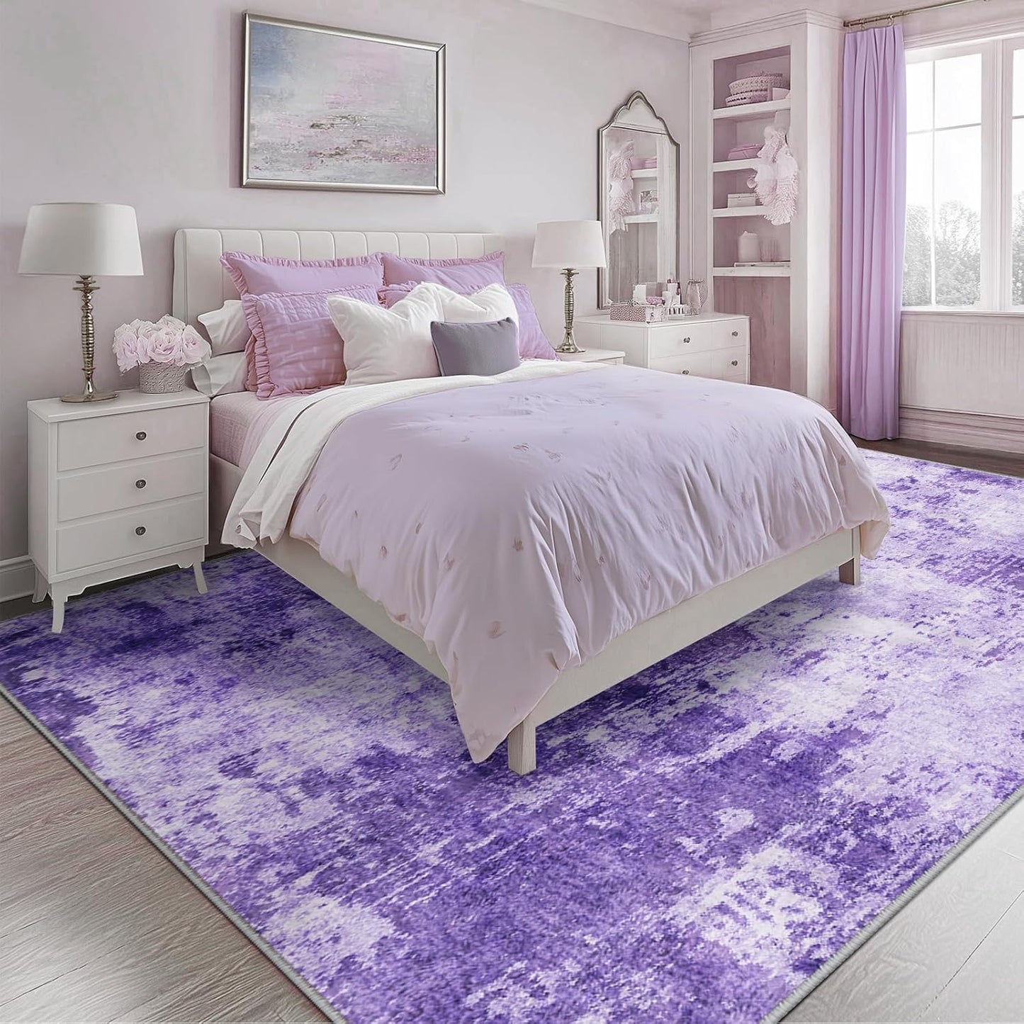 Washable Area Rugs 5'x7' Non-Slip Modern Abstract Soft for Living Room Entryway Bedroom Nursery, Print Pattern, Purple Gray Pink White