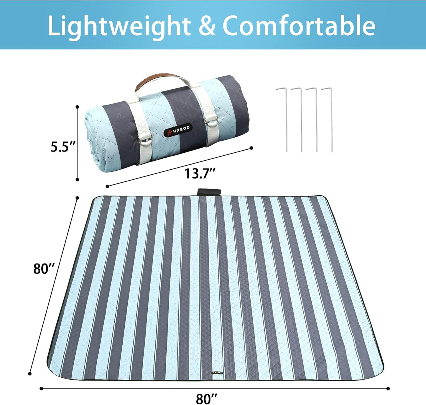 HX&OD Outdoor Picnic Blanket Extra Large, 80''*80'' Waterproof Picnic Mat with Stakes Foldable Camping Blanket Portable with Carry Strap for Beach Mat (Grey& Green, 80''*80'')
