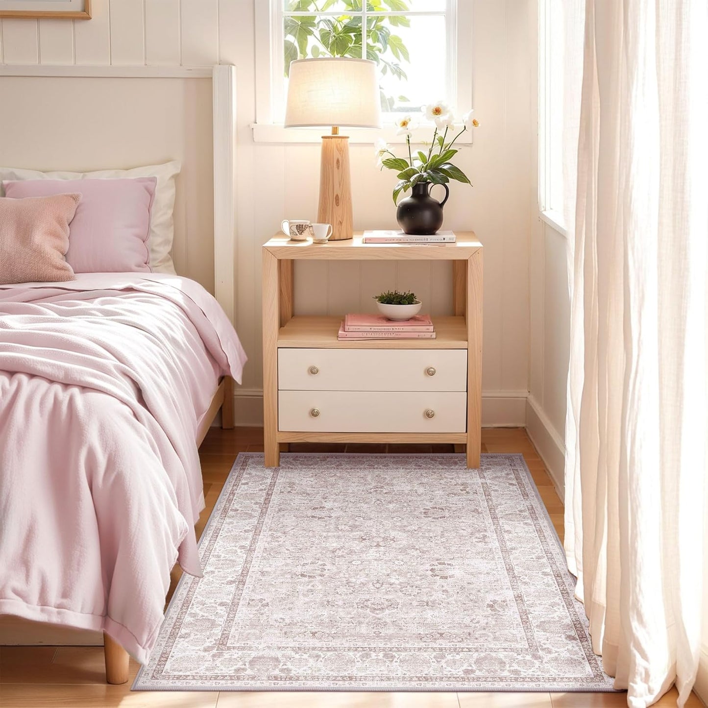 Light Pink 4x6 Rugs for Bedroom Nursery Rug Vintage Aesthetic Cute Boho Floral Washable Area Rug Indoor Carpet for Kids Room Playroom Living Room