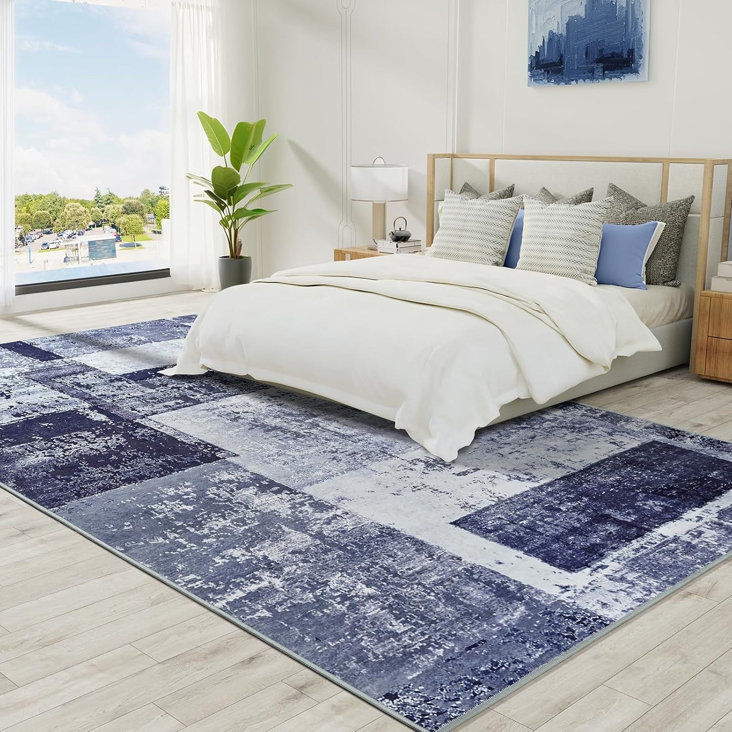 LOCHAS Rug for Living Room, Washable Soft Area Rugs for Bedroom 6x9, Abstract Carpet for Indoor Office Kids Dining Room Nursery Floor, Blue Geometric Vintage Home Decor, Non Slip, Pet Child Friendly