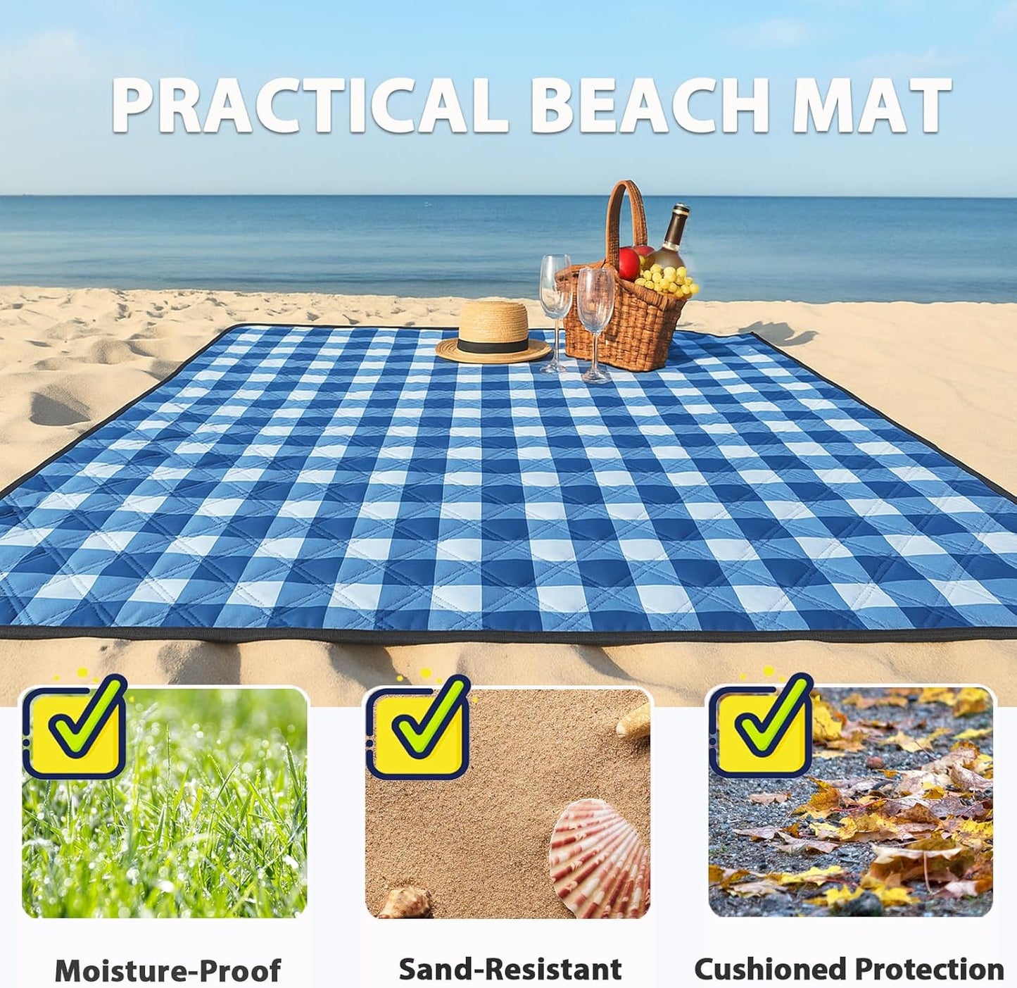 TigeJoy Extra Large Picnic Blanket Waterproof Foldable 80''x80'', Outdoor Picnic Mat Beach Blanket Sandproof for Park, Grass, Travel, Hiking, Camping Essentials, Gingham Picnic Blanket