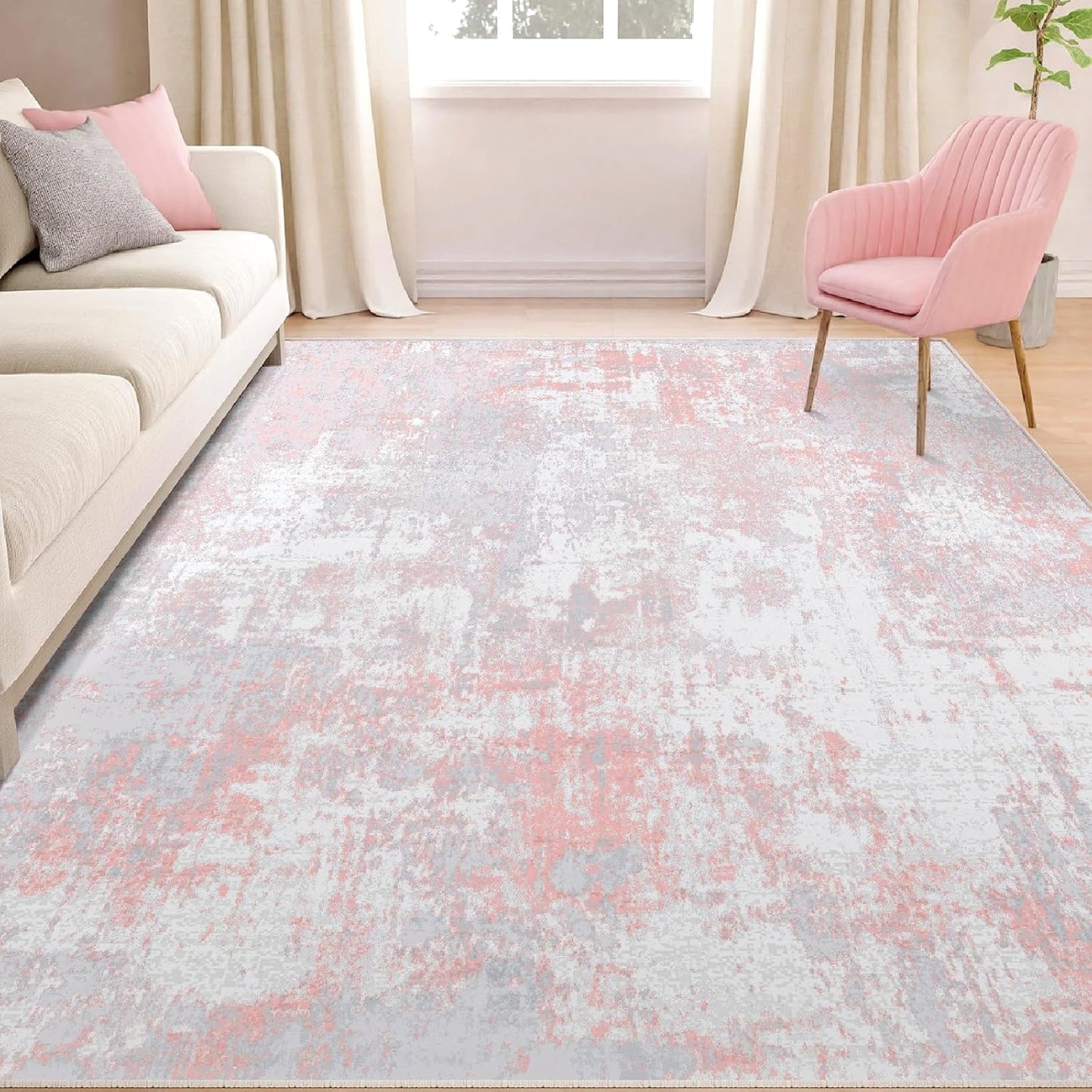 Washable Area Rugs 5'x7' Non-Slip Modern Abstract Soft for Living Room Entryway Bedroom Nursery, Print Pattern, Grey Pink
