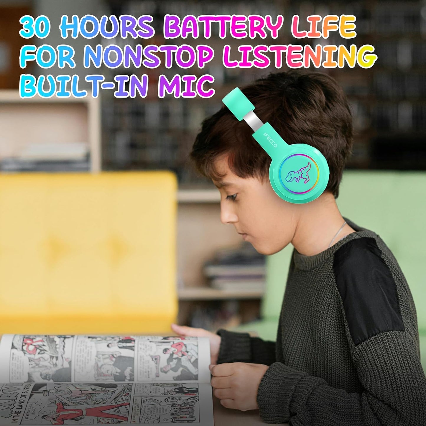 IFECCO Wireless Kids Boys Girls Headphones with Microphone,Cute Light Up Dinosaur Children Bluetooth Headphones Volume-limiting for for School Travel,Boys Girls Gifts for 3-15years