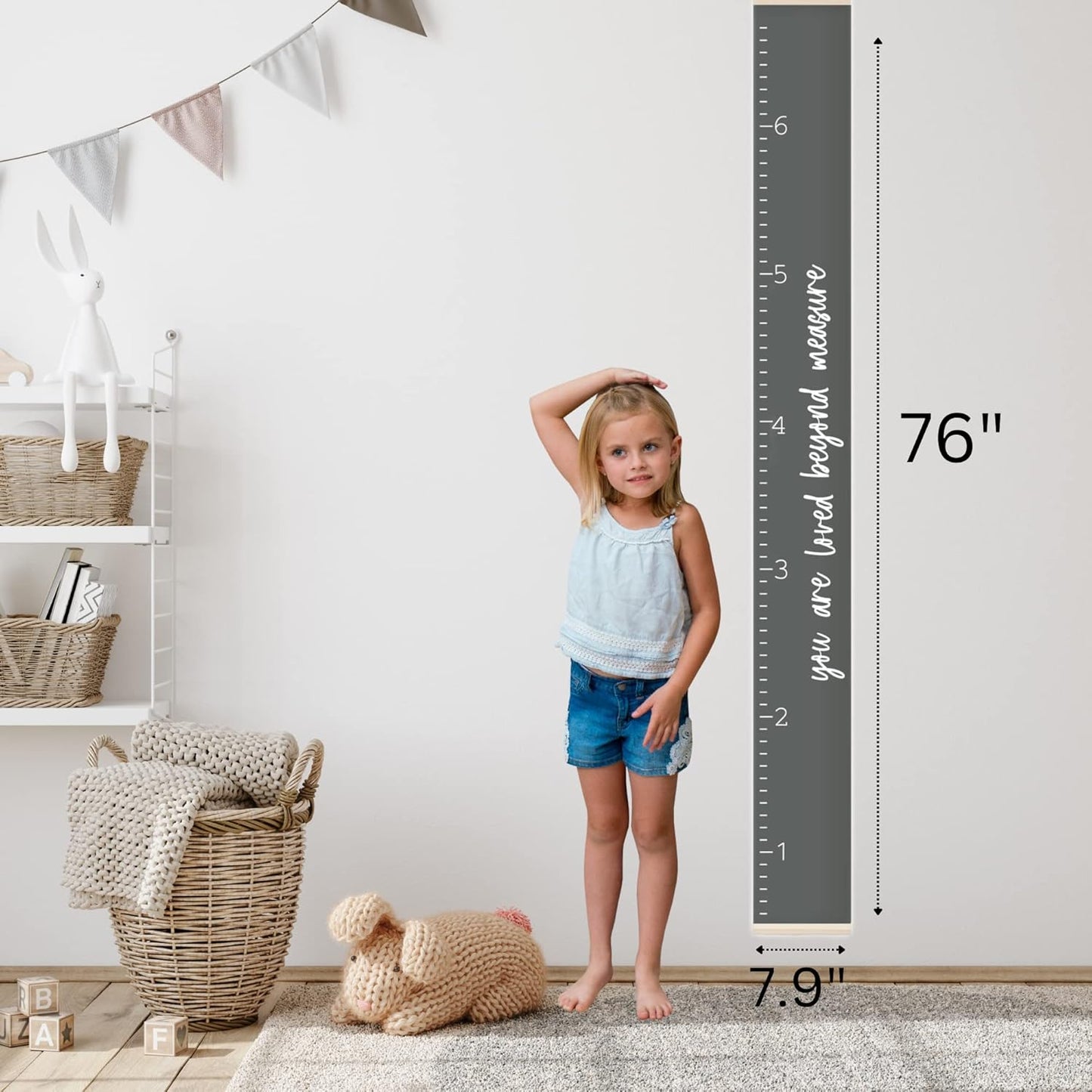 Morxy Canvas Growth Chart for Kids - Unisex Kids Room Wall Decor - Measuring Height Chart- Wall Tape with Height Chart for Kids (Canvas, Loved Beyond Measure Dark Gray)