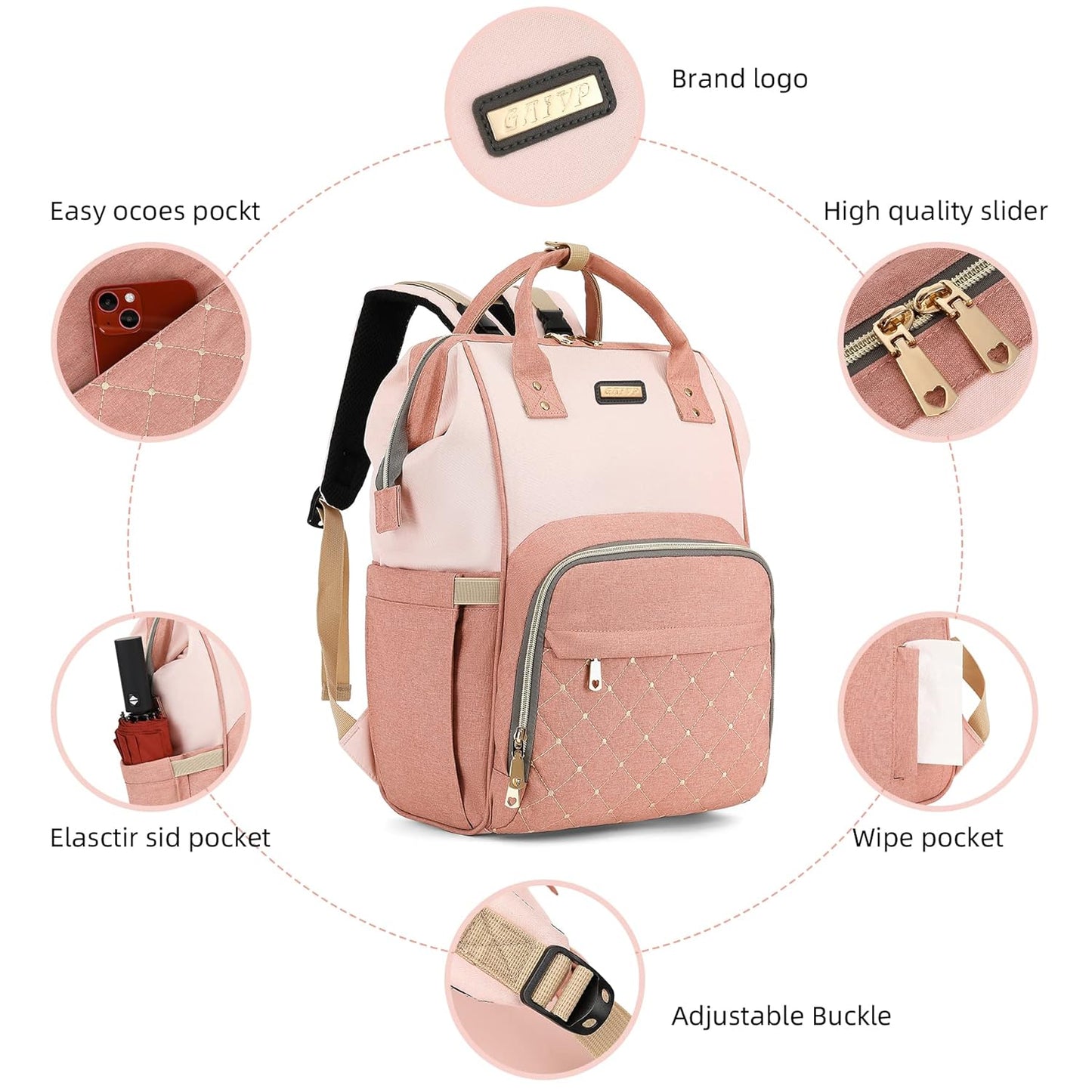Diaper Bag Backpack, Diaper Bags for Baby Girls Boys, Baby Bags for Moms Dads, Nappy Changing Bag with Insulated Pockets,Multi-functional Waterproof Backpack with Stroller straps -Pink light pink