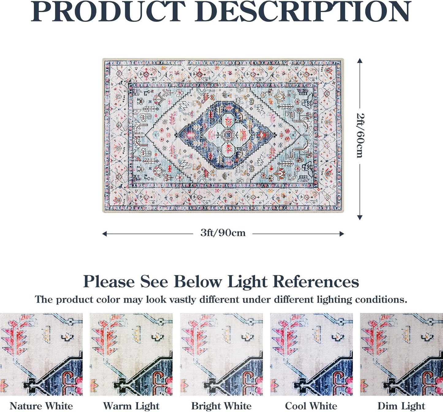 Lahome Boho Round Rug - 8Ft Washable Area Rug, Non-Slip Small Bathroom Rug, Lightweight Bedroom Throw, Oriental Distressed Print Carpet for Entryway, Sofa, Nursery, Kids Room