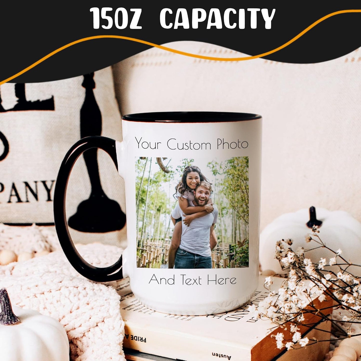 Personalized Coffee Mug 15 Oz, Custom Picture Text or Logo Ceramic Mug, Customized Gift for Men & Women, Taza Personalizada with Photo and Words, Customizable Large Tea Cup | White - Black