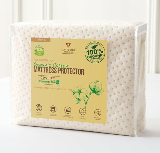 Luxury Waterproof Organic Mattress Protector Twin XL - Organic Cotton Breathable Mattress Pad Cover - New 380 GSM Comfort - Deep Pocket - Jersey Cotton Skirt - Fitted Comfort