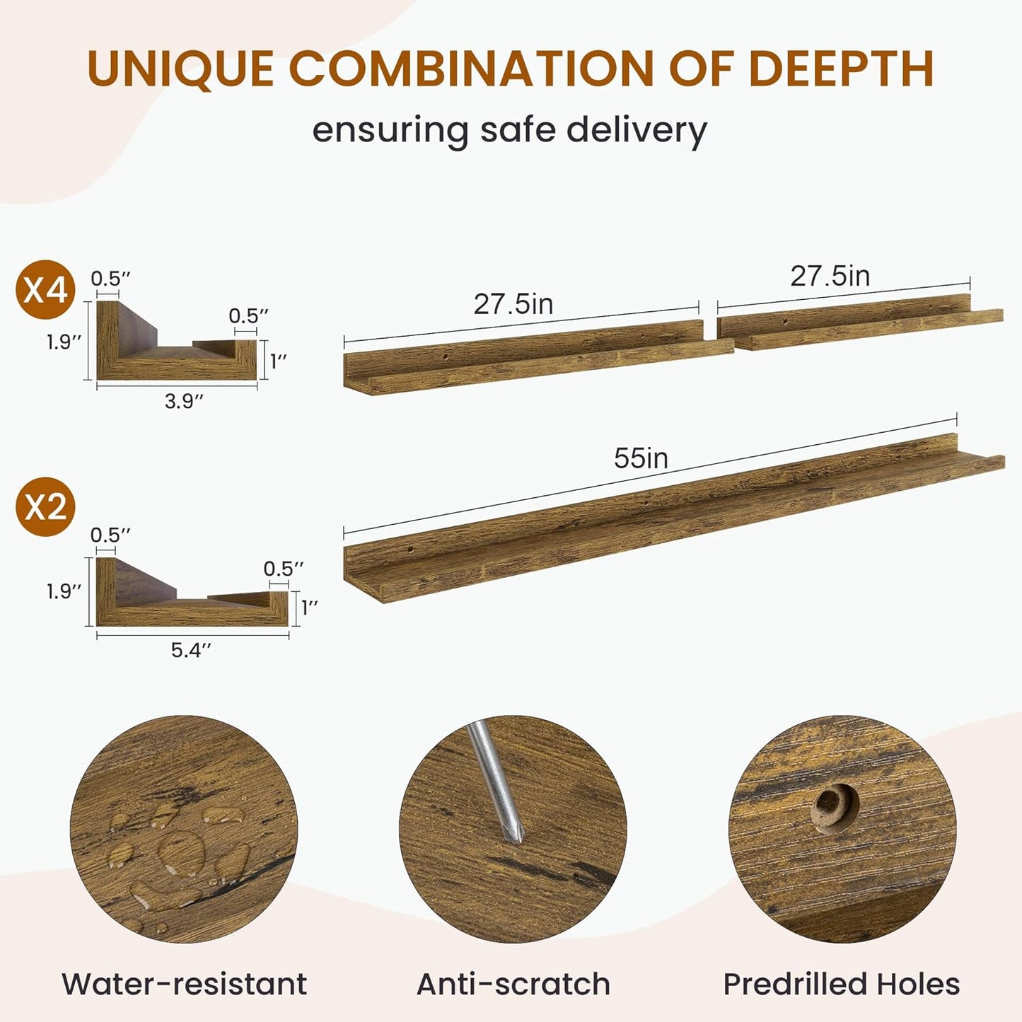 Axeman Picture Ledge Shelf, Floating Shelves for Wall Decor Set of 6, 55 inch Floating Wall Mounted Shelves, Shelves with Lip for Living Room, Bedroom, Nursery, Bathroom, Kitchen, Rustic Brown