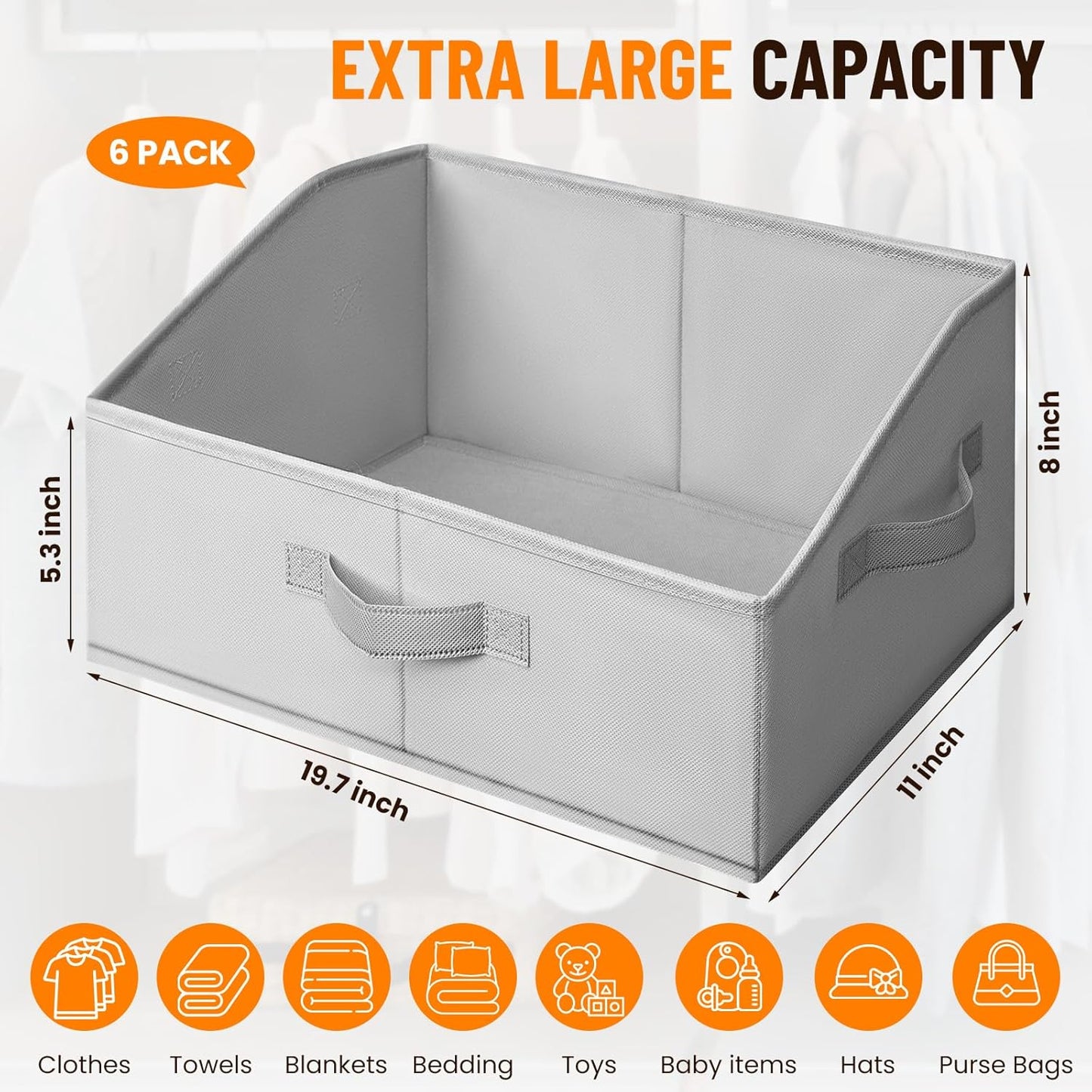 Extra Large Closet Organizers Bins 6 Pack - Blanket Basket for Organizing/Home Clothes Storage Bins for Jeans/Toy Organizers for Nursery/Wardrobe Shelf Closet Organization for Purse Hats Towel