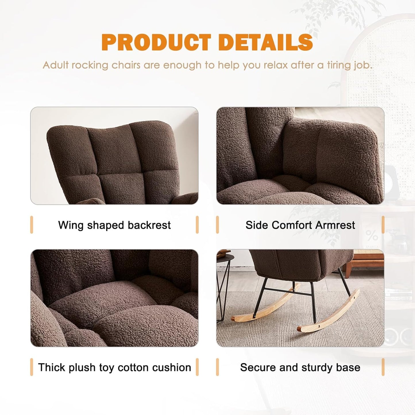 Kiztir Rocking Chair Nursery, High Backrest Teddy Glider Rocker Upholstered Rocker Recliner Modern Rocking Accent Chairs for Bedroom, Living Room, Offices (Brown)