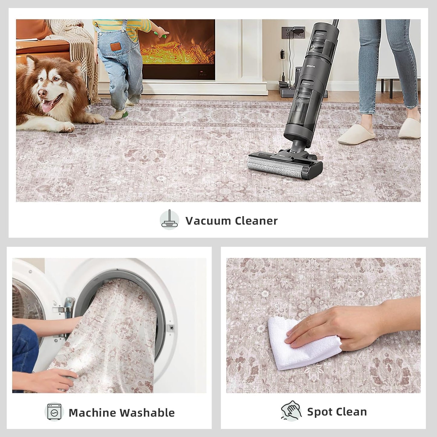 Pink Nursery Rug 5x8 Large Area Rugs for Living Room Vintage Rug Boho Floral Washable Area Rugs Indoor Carpet for Bedroom Dining Room Kids Room