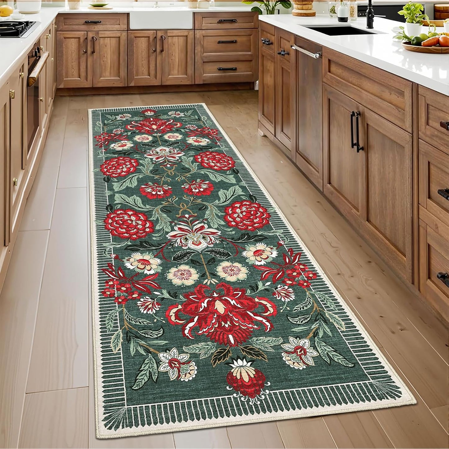 GarveeHome Floral Botanical 2x6 Washable Kitchen Runner Rugs Non Slip Grey Green Vintage Boho Cottage Long Rug for Hallways Bedroom Entryway Bathroom Mat with Rubber Back