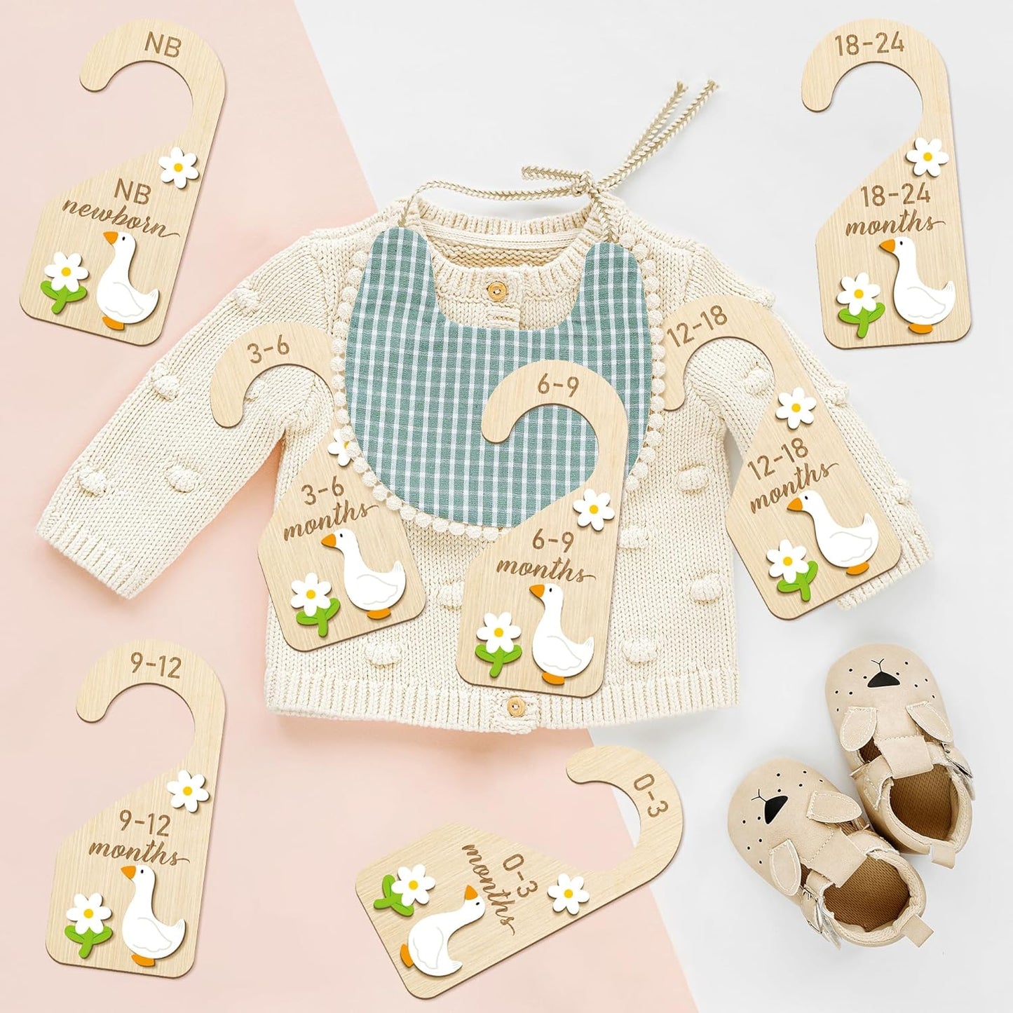 R HORSE Wooden Baby Closet Dividers - 3D White Goose Baby Closet Organizer, 8Pcs Double-Sided Cute Goose Newborn Clothes Size Hanger Dividers, Nursery Decor Birthday Gift for Boy Girl (0-24 Months)