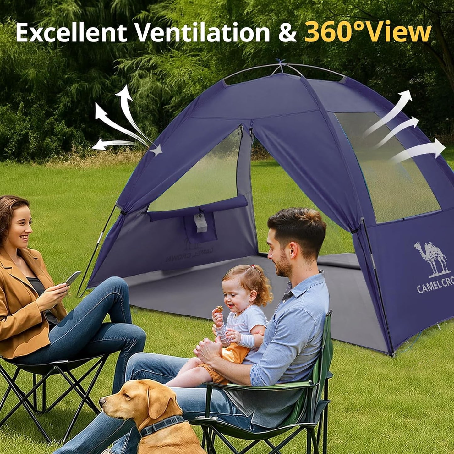 CAMEL CROWN Beach Tent UPF 50+ Sun Shelter for 2/3/5/6 Person, Lightweight Portable Sun Shade with Sand Anchor, Family Beach Day & Outdoor Adventures