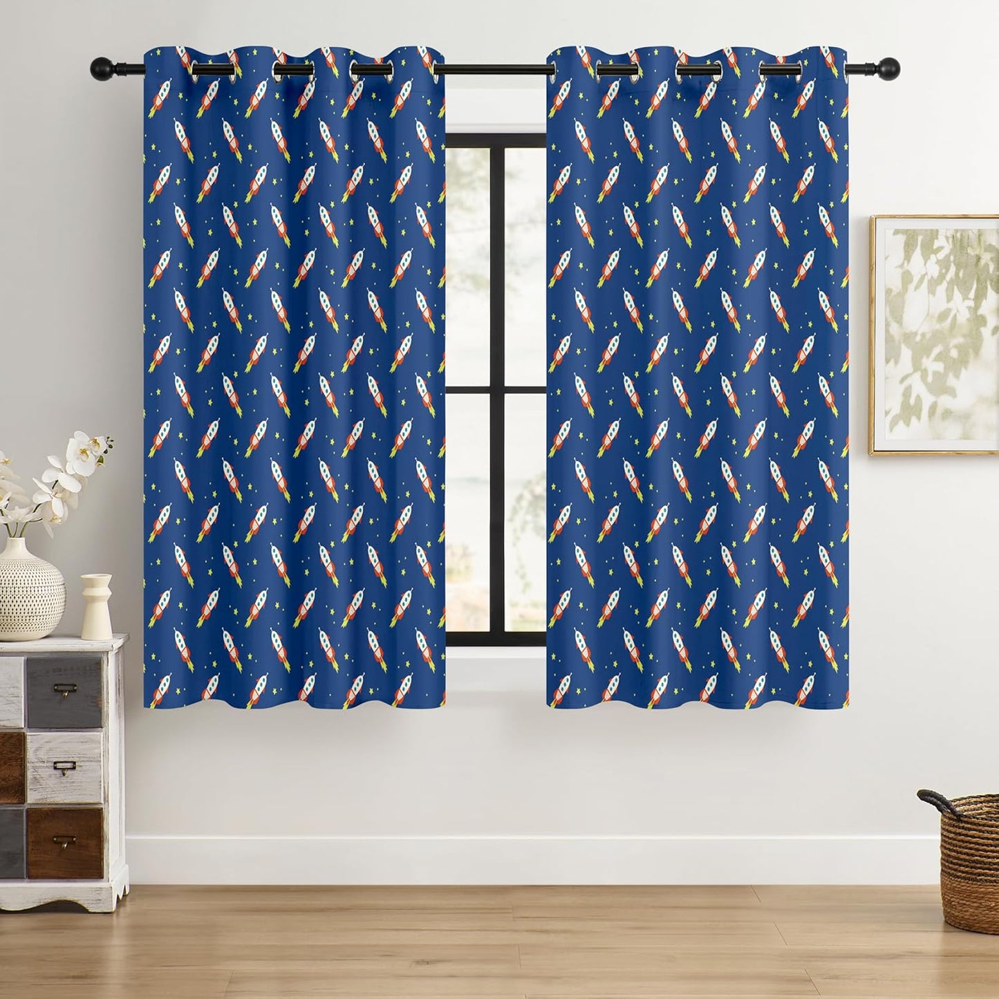 Kids Space Rocket Blackout Curtains - 100% Blackout, Thermal Insulated, Noise Reducing, Perfect for Kids Room and Nursery, 2 Panels (Rocket Blast-Off Repeat, W52×L63)