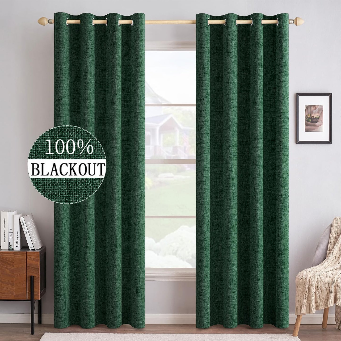 MIULEE 100% Blackout Linen Curtains for Bedroom Thermal Insulated Emerald Green Grommet Room Darkening Curtains & Drapes Christmas Decor for Living Room Nursery 52 x 96 Inch (2 Panels)