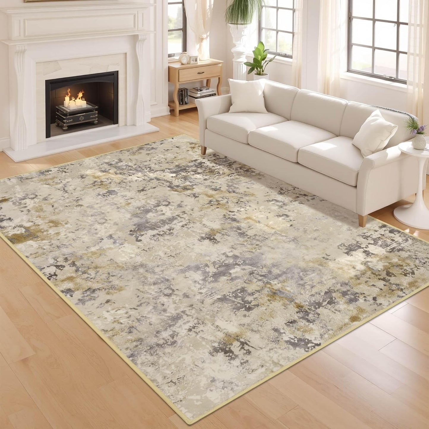 Living Room Rugs 6x9 Beige Washable Area Rug, Abstract Modern Bedroom Rugs Non Slip Stain Resistant Neutral Large Carpet for Nursery, Dining, Kids Playroom, Dining Room, Office