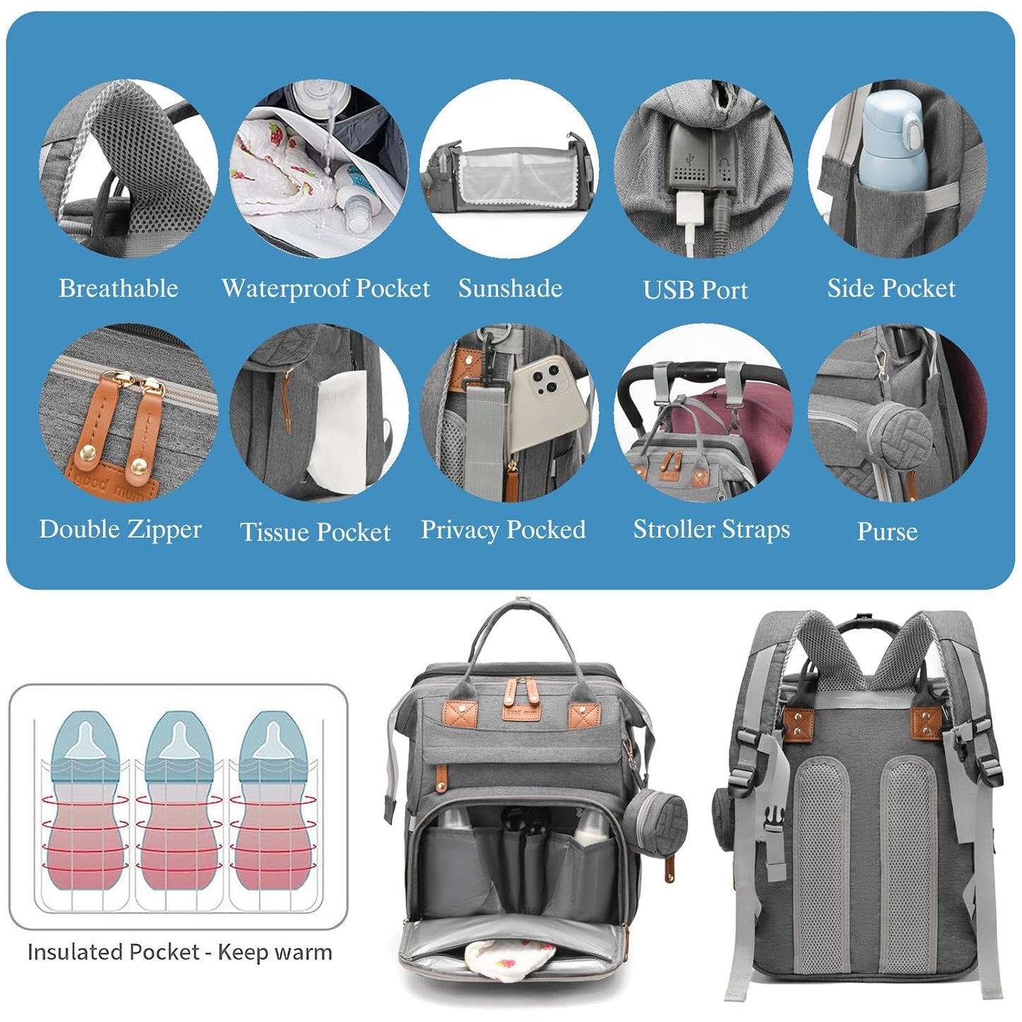 Jeryswet Baby Diaper Bags with Changing Station, Waterproof Large Capacity Diaper Bag Backpack for Moms Dads with USB Charging Port and Stroller Straps, Baby Shower Gifts, Grey