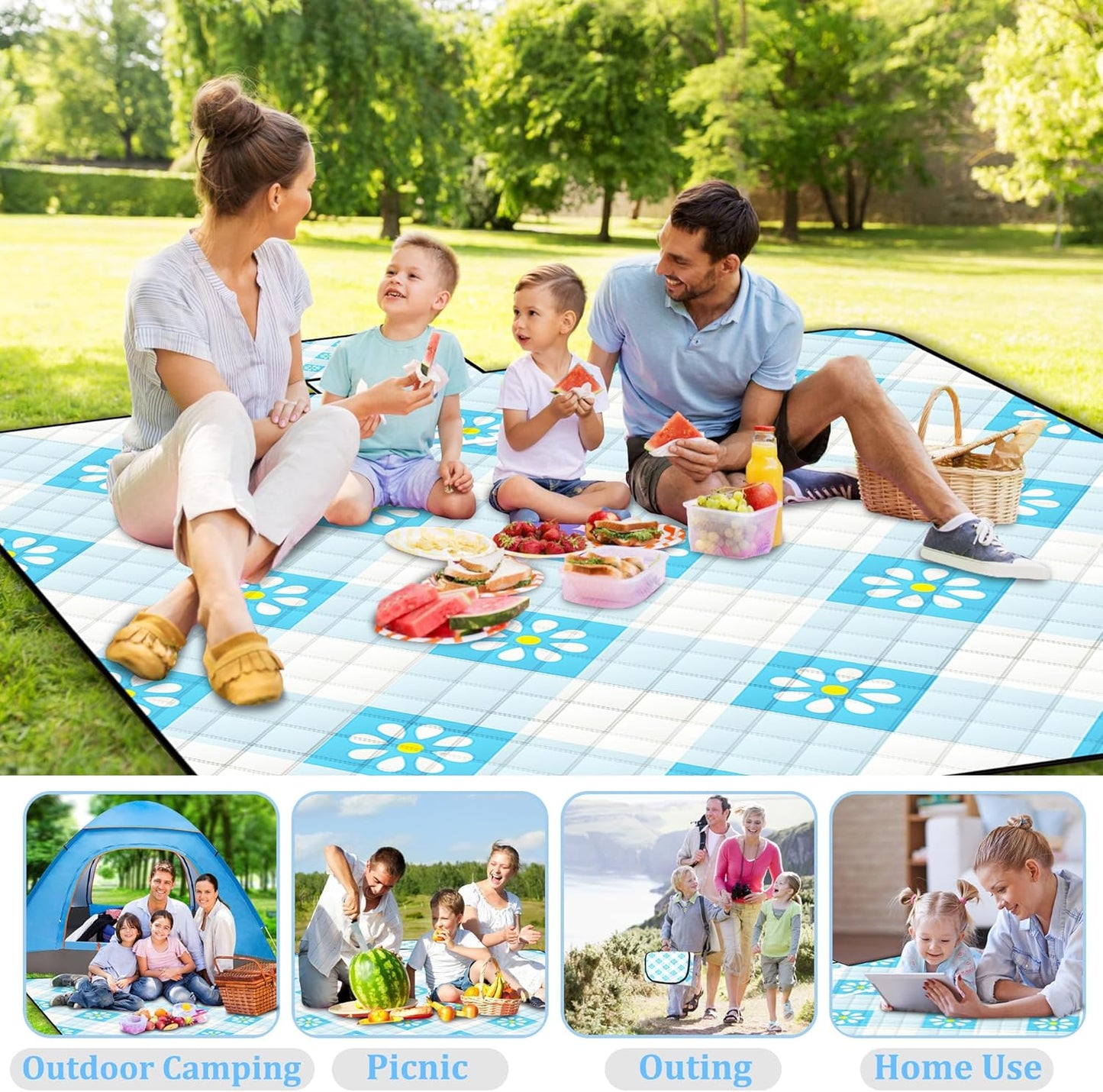 Extra Large Picnic Blanket Waterproof,80"x 80"Foldable Machine Washable Beach Blankets,Outdoor Blanket for 6-8 Adults,Picnic Mat Suitable for Indoor Crawling,Park Beach,Camping,Hiking,Travel( Blue)