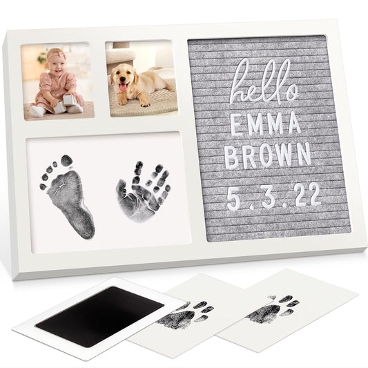 Baby Hand & Footprint Kit with Felt Letterboard, Inkless Ink Pad - Personalized New Mom Gifts for Baby Announcement, Cute Nursery Newborn Picture Frame,Ideal Dog Nose & Paw Print Kit(Alpine White)