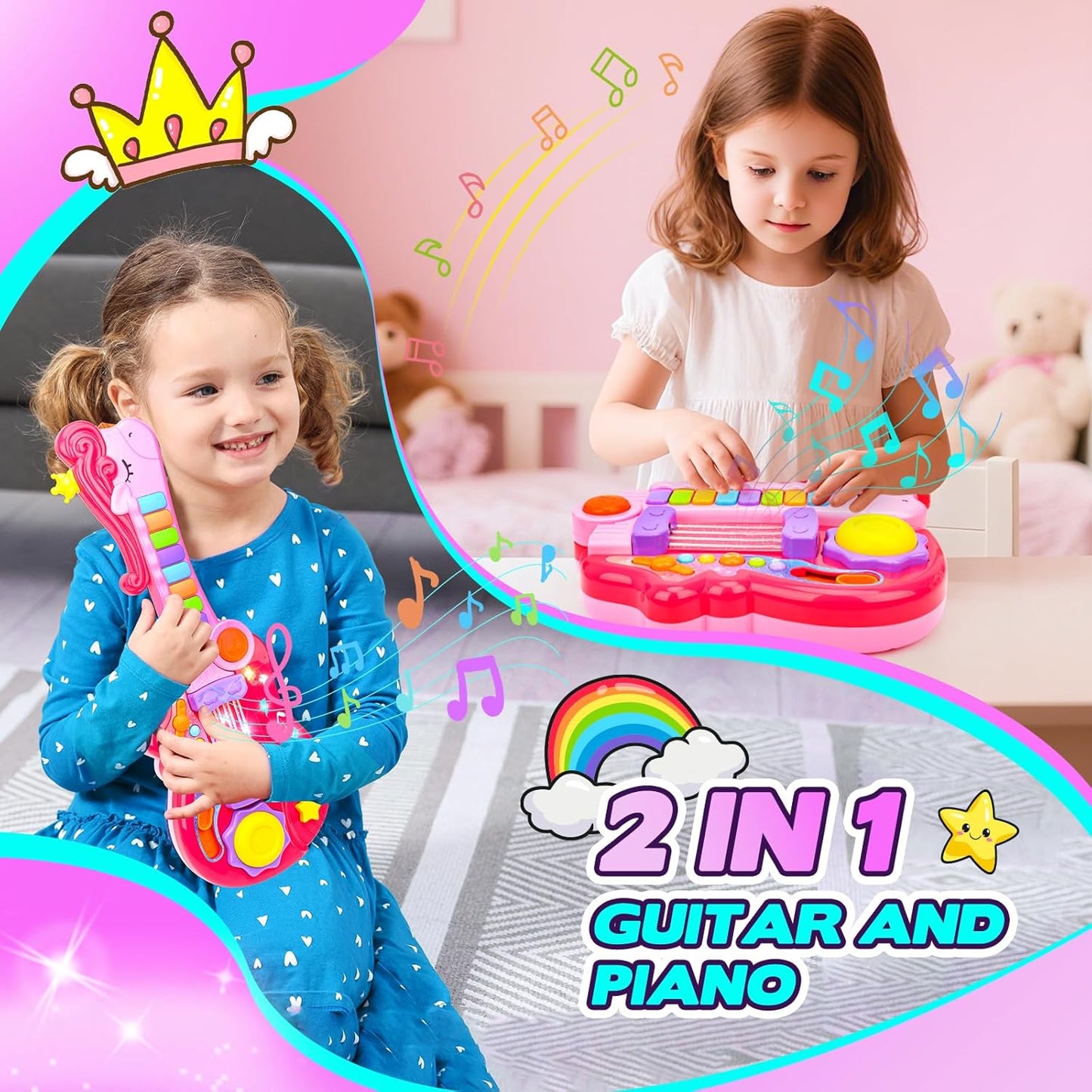 Kids Guitar Toy for 3 Year Old Girl Gift 2-in-1 Electric Guitars with Piano Mode for Toddlers 2-4 Light Up Music Toys for 2 3 4 5 Year Old Girls Boys Gifts
