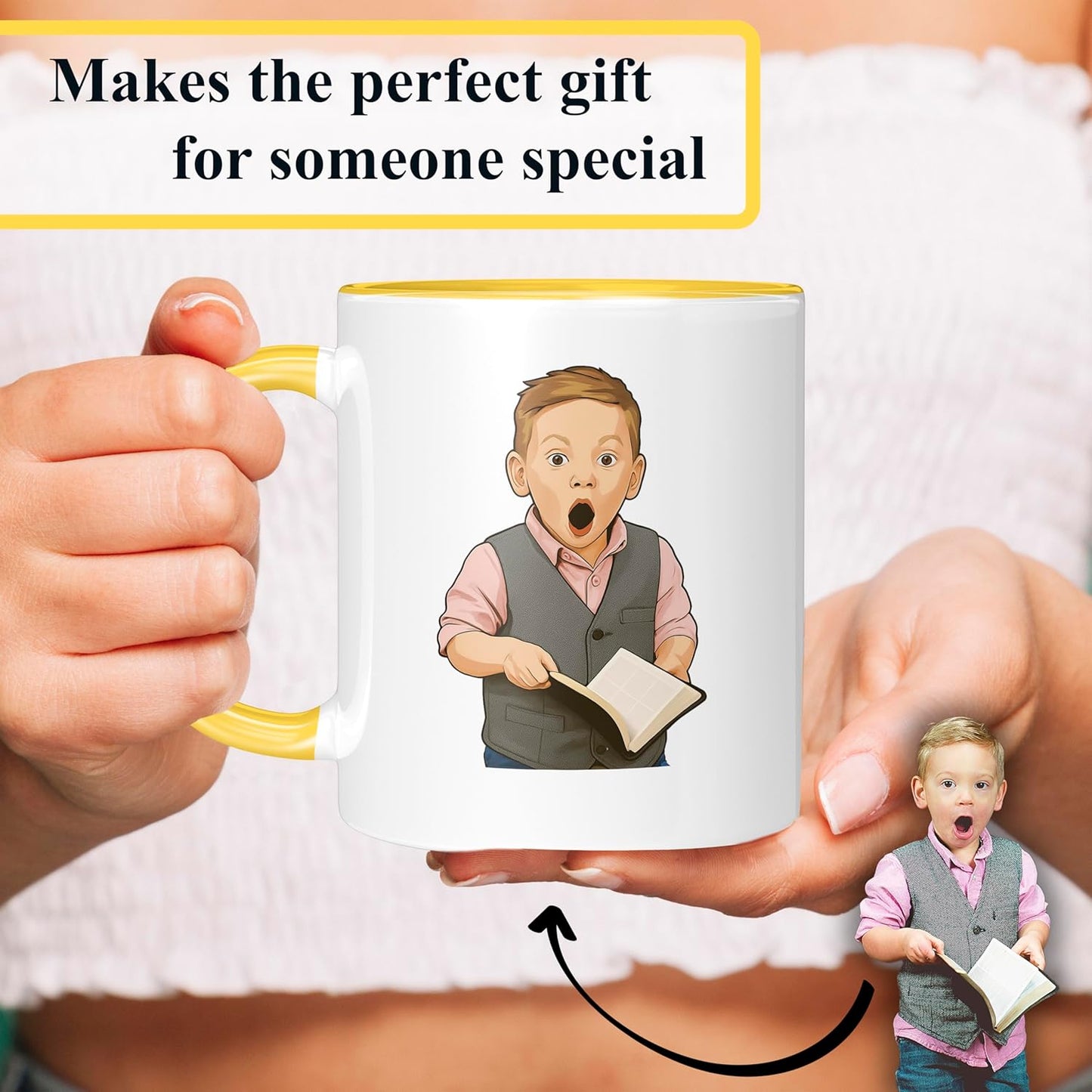 Personalized Coffee Mug, Custom Drawing Portrait Gift, Funny Customized Coffee Gift for Men & Women, Custom Mugs with Pictures, Yellow 11oz Customized Ceramic Tea Cup