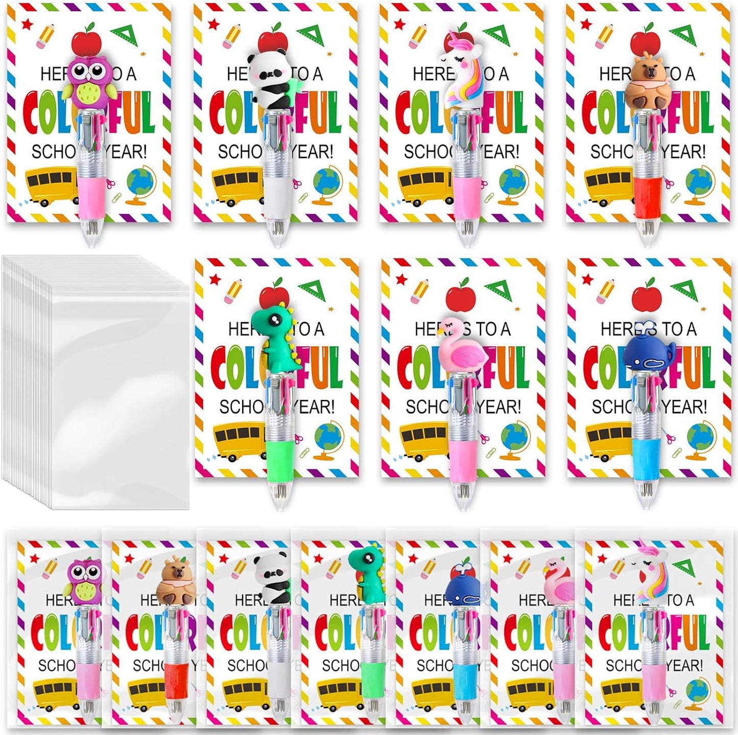 28 Set Back to School Gifts,28 Multicolor Animals 4-in-1 Fun Pens, 28 Welcome Cards and 28 Gift Bags First Day of School Gift for Welcome Back To School Student Gift Bulk Office School Exchange Gifts