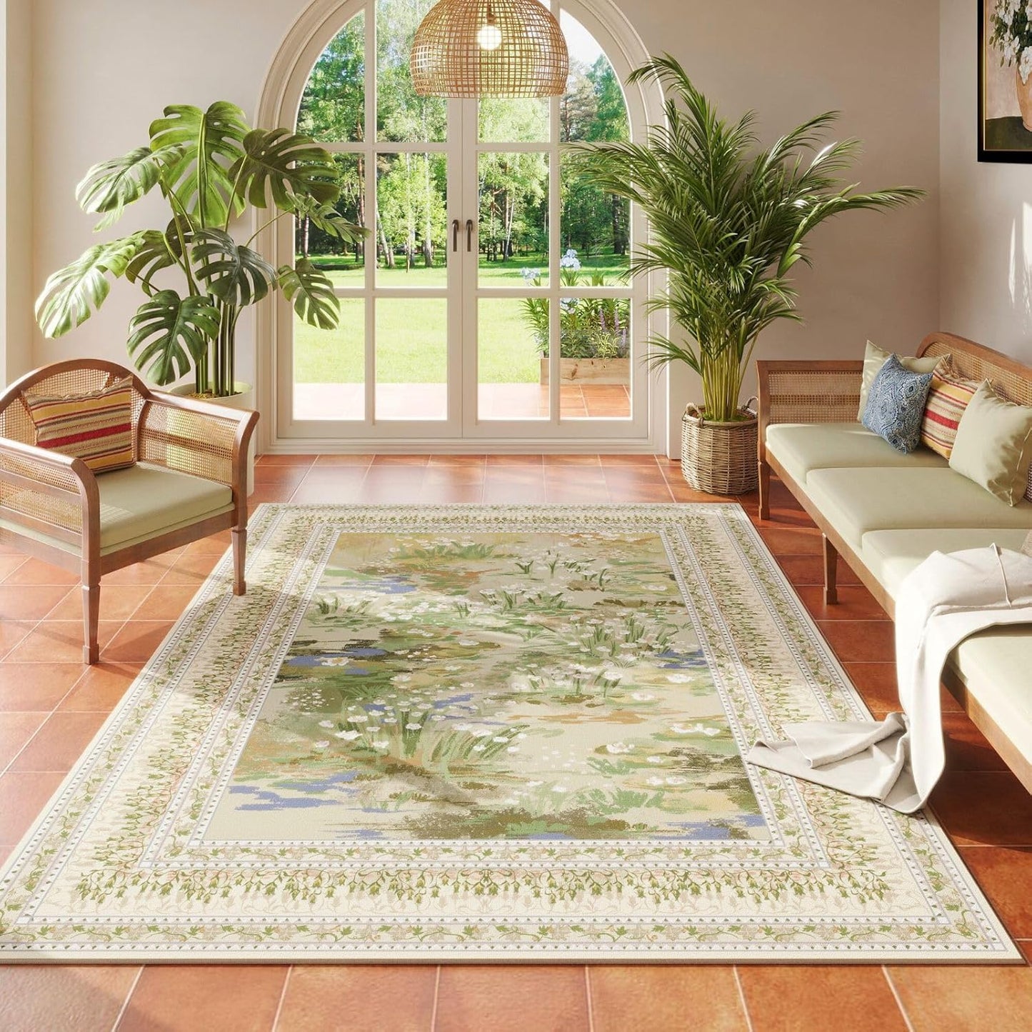 3x5 Washable Rug Impressionist-Style Vintage Non Slip Low Pile Small Carpet for Bedroom Bedside Kitchen Entryway Kids Room Office College Dorm Essentials for Girls, Beige