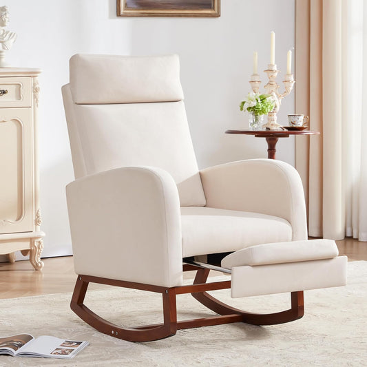 Rocking Chair Nursery with Foot Rest, Nursery Rocking Chairs with High Back, Glider Rocking Chair with Pocket, Baby Nursery Glider Rocker, Nursing Chair Accent Living Room (Linen Beige)
