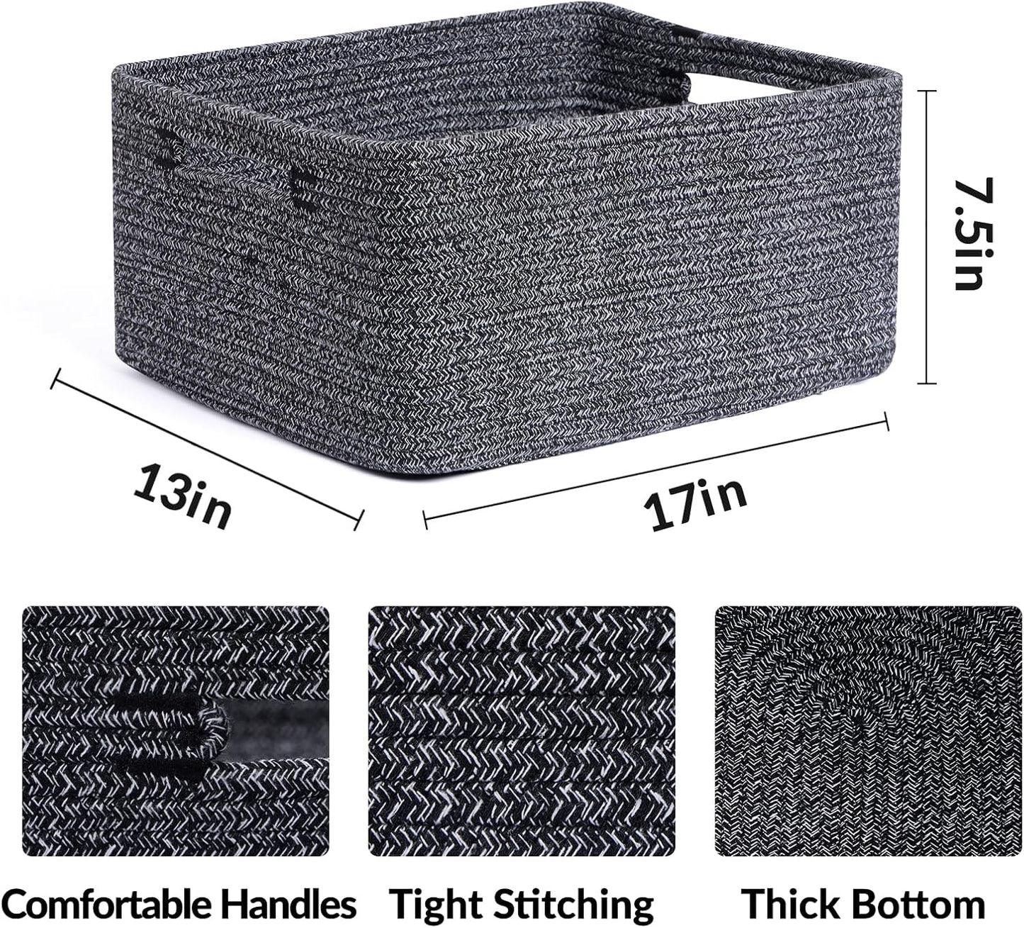 Large Storage Baskets for Organizing, Closet Shelf Baskets for Clothes Blanket Towels, Baby Nursery, Toy Bins Box, Woven Rope Baskets, 17 x 13 x 7.5”, 4 Packs Dark Gray