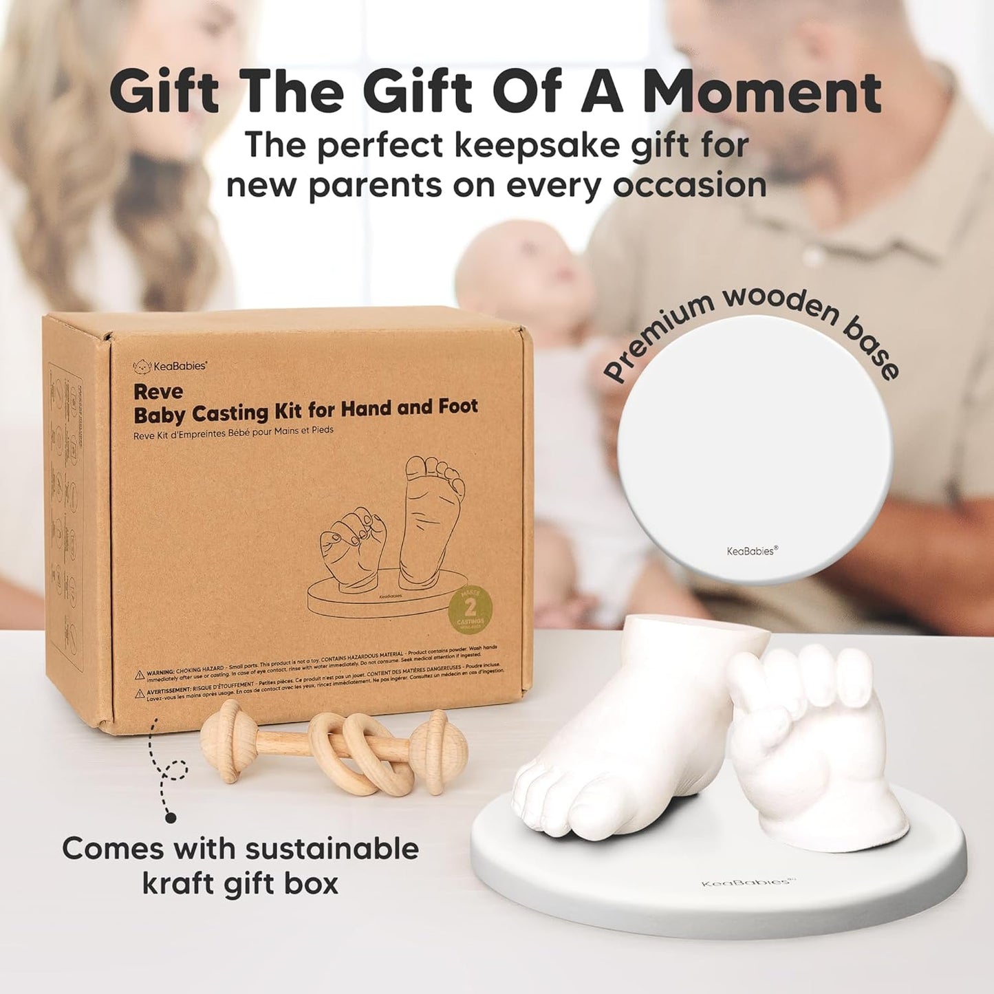 KeaBabies Baby Casting Kit Hands and Feet Mold - 3D Newborn Hand Casting Kit & Stylish Wood Base,Easy DIY Infant Foot Molds 0-9 Months,BPA-Free Baby Keepsake,Shower Gifts for Moms (Round,Alpine White)