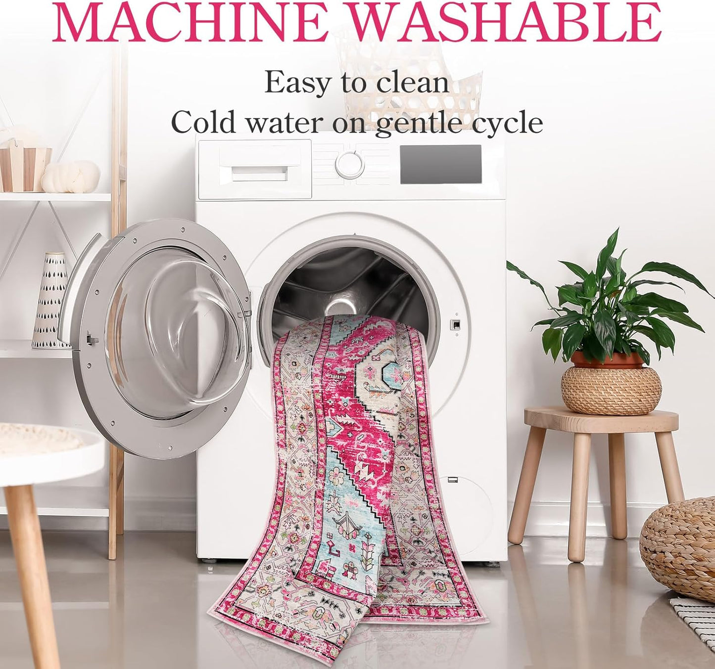 Lahome Boho Round Rug - 5Ft Washable Area Rug, Non-Slip Small Bathroom Rug, Lightweight Bedroom Throw, Oriental Distressed Print Carpet for Entryway, Sofa, Nursery, Kids Room