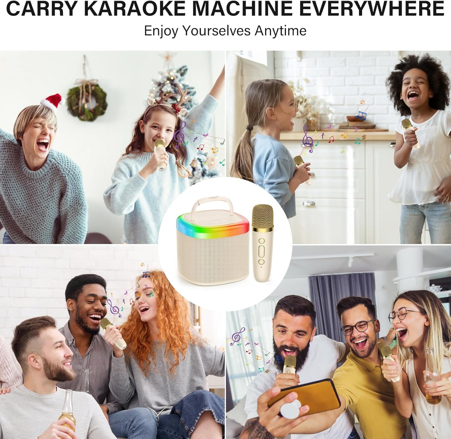 JYX Mini Karaoke Machine for Kids - Beige Bluetooth Speaker with Party Lights and 1 Wireless Microphone, Great for Kids and Adults, Ideal for Family Home Parties and Birthday